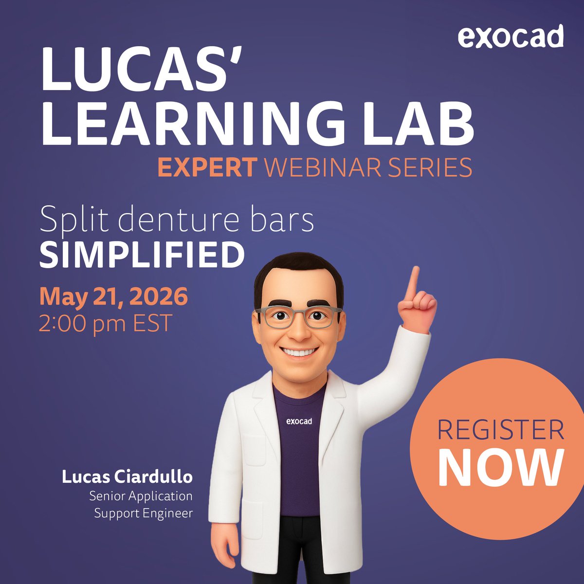 exocad's tweet photo. Goodbye complexity—hello streamlined productivity.

Join our second Lucas’ Learning Lab webinar on May 21, 2026 at 2:00 PM EST to learn how DentalCAD 3.3 Chemnitz’s dual workflows can help you tackle split denture bars with precision, efficiency, and ease—whether you're a beginner or refining your approach.

Click to register and upgrade your digital denture design with exocad expert Lucas Ciardullo! 

👉 https://t.co/9EKaErj2EL 

#exocad #DentalCADChemnitz #SplitDentures #DigitalDentistry