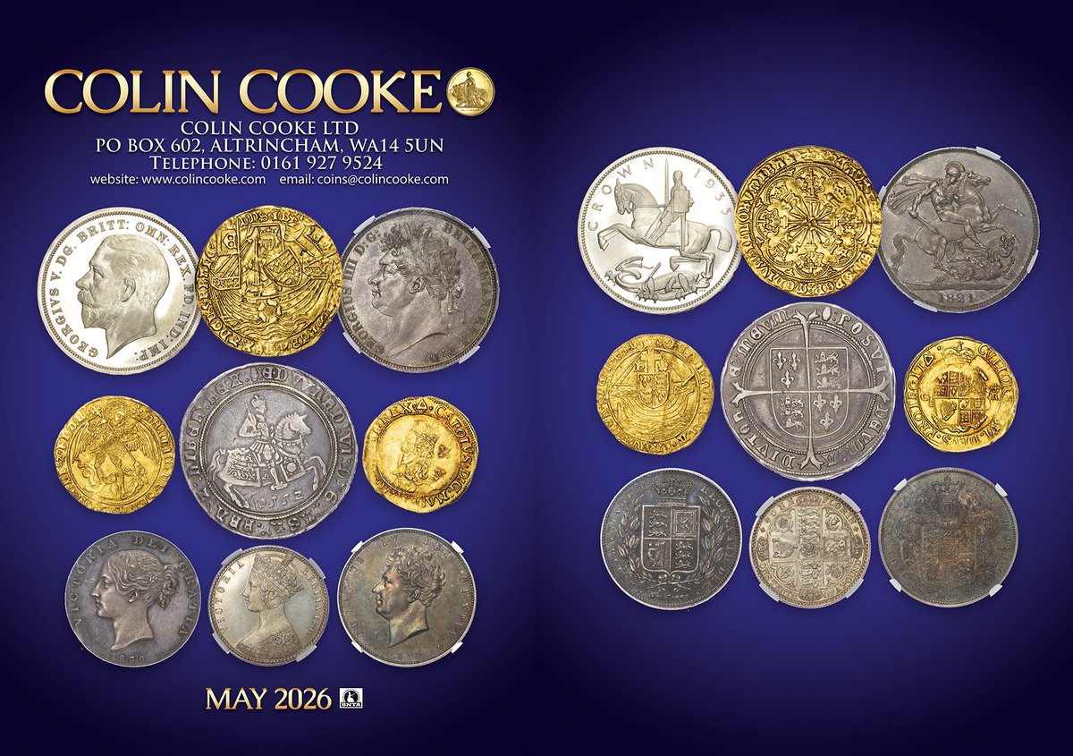 colincookecoins's tweet photo. Sneak preview of the front and back covers of our MAY 2026 List due out on Monday 18th MAY 2026.
Please get in touch to request a copy. #coincollecting #numismatics #halfcrowns #coins #hammeredgold #coindealer #hammeredsilver #crowns #farthings #sovereigns #Guineas https://t.co/eJqNgZxraL