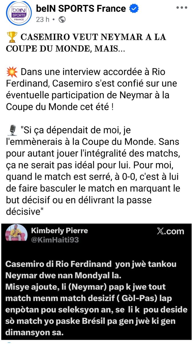 SterlingMervil's tweet photo. Guys ! Kom anpil nèg isit toujou panse se yo ki ka li epi kon https://t.co/rQtQkDx1E2 chechè kote Casemiro di ke Brezil pa gen jwè ki gen dimansyon pou fè yon gòl ou pas desizif,lè yon match sere. https://t.co/tDwPSI3TZf