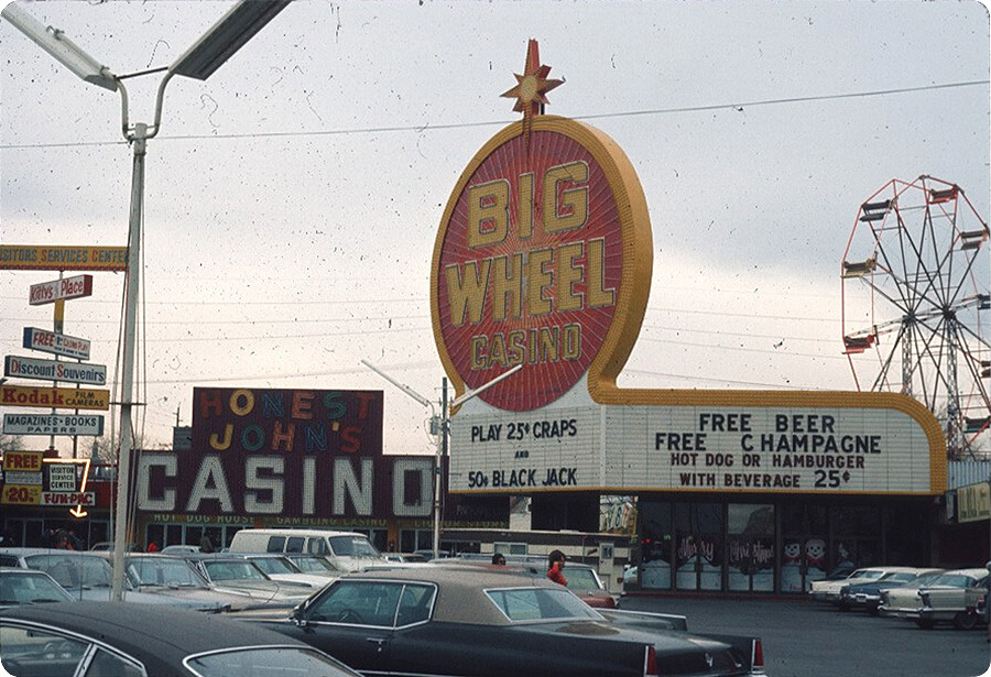VintageVegas's tweet photo. Big Wheel Casino (1971–1973) was one of Vegas’ quirkiest gaming experiments. Created by Caesars Palace founder Jay Sarno, the small Strip casino became famous for its giant Ferris wheel-style rooftop sign — a bold roadside spectacle before mega-resorts took over. #VintageVegas https://t.co/Gx9uXfLLhs