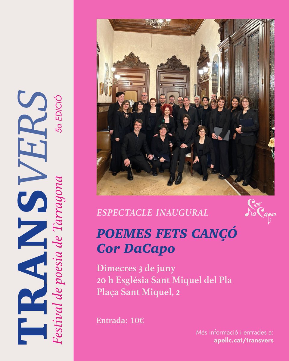 TransversPoesia's tweet photo. POEMES FETS CANÇÓ
El @cordacapo ofereix una tria de música coral dels segles XX i XXI, tota ella basada en poemes dels grans autors catalans de tots els temps.

Concert d’obertura de la 5a edició del Transvers preparat per a l’ocasió.

🗓️3/6 · 20 h
📍Església Sant Miquel del Pla https://t.co/bH4mjkaHAa
