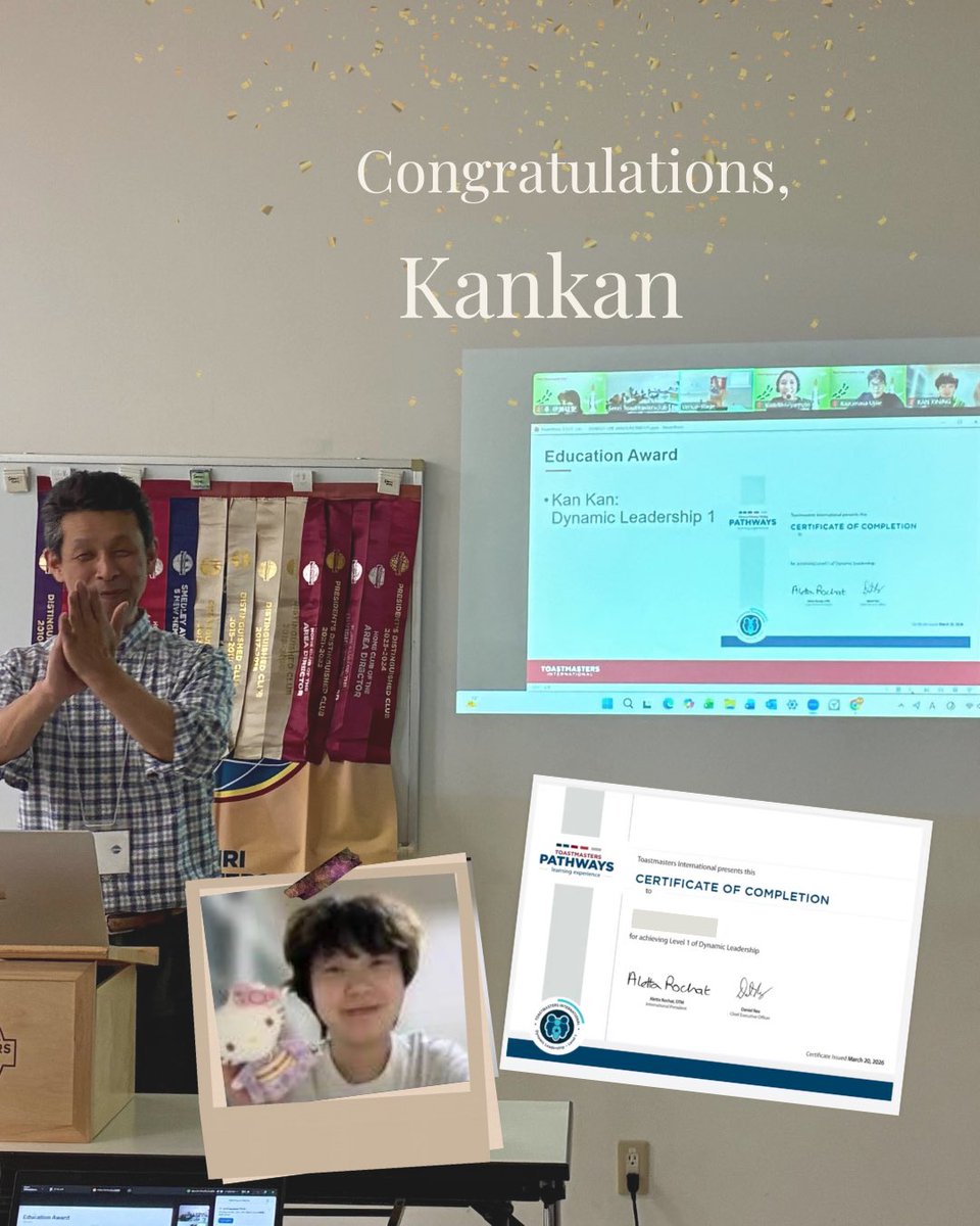 SenriTmc's tweet photo. 🎉 Pathways Level Completion

Congrats to Kankan on completing Level 1 in Dynamic Leadership 👏
We’re proud to celebrate this achievement together.
Mady

#senritoastmastersclub #toastmasters #publicspeaking https://t.co/4vPESn3hzN