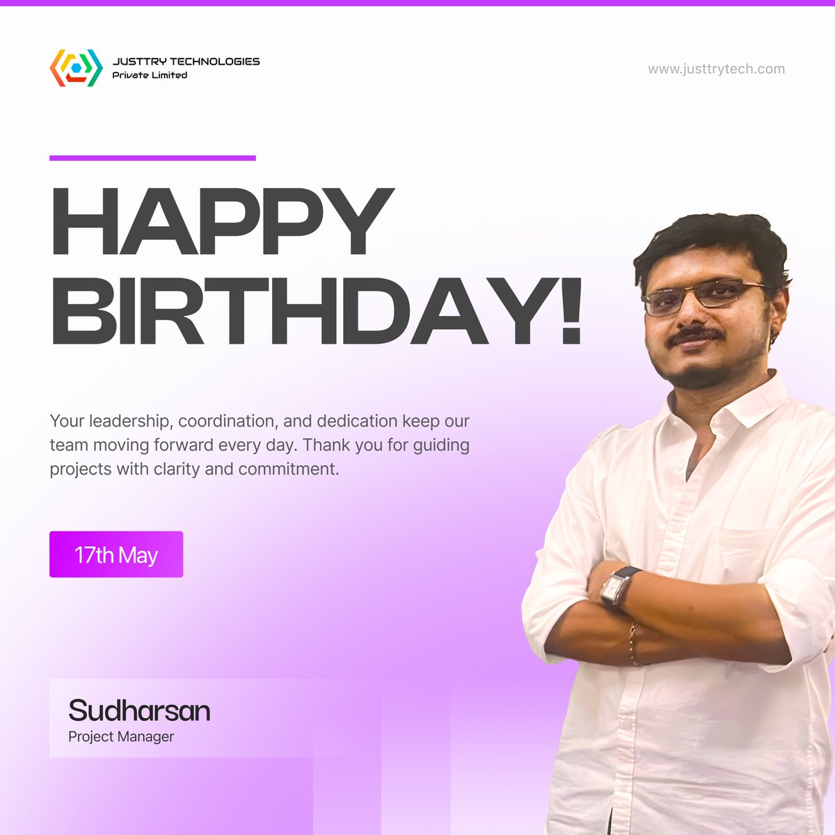 JusttryTech's tweet photo. Happy Birthday, Sudharsan!

Your leadership as a Product Manager and your support as a mentor make a real impact at Justtry Technologies.

Wishing you success, health, and many more achievements ahead! 🌟
#HappyBirthday https://t.co/ufB1Wvnm3i