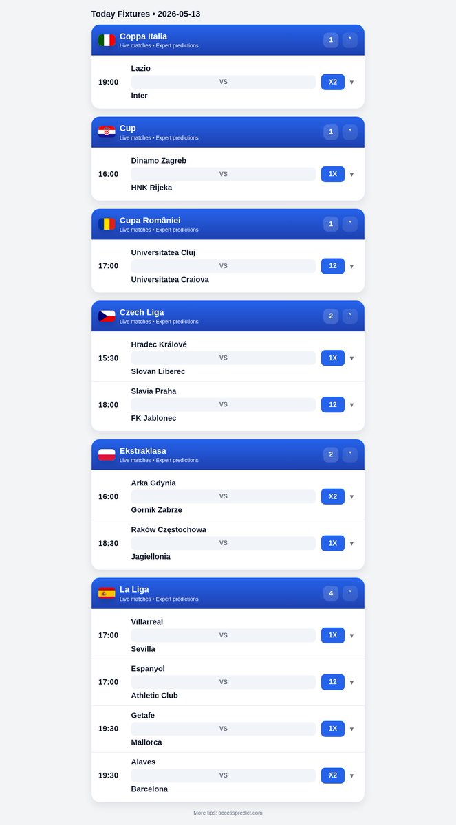accesspredict's tweet photo. ⚽ Today’s fixtures &amp; tips (2026-05-13)

More: https://t.co/2ov6SwyG2H

Tim Apple|bucciovertimechallenge|Punisher|Toned|Starmer|Eurovision|Southampton https://t.co/Dg0jiv2N76