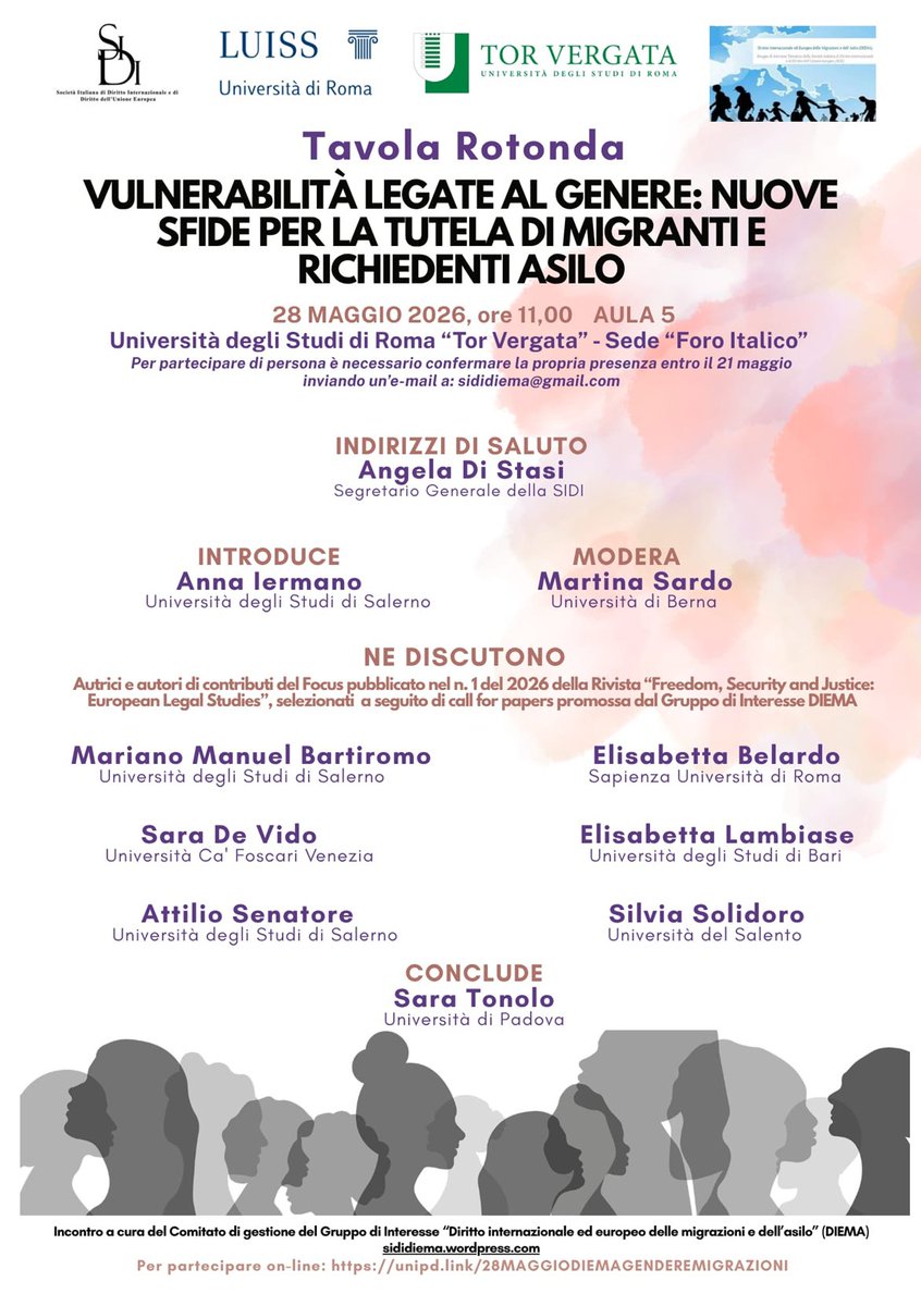 SIDIorg's tweet photo. 📌Vulnerabilità legate al genere: nuove sfide per la tutela di migranti e richiedenti asilo #28maggio 2026 #Roma #GruppinteresseSIDI #SIDI #Dirittointernazionale #dirittoUE #migrazioni #asilo #DIEMA #convegnosidi https://t.co/r3jmFc8ubQ