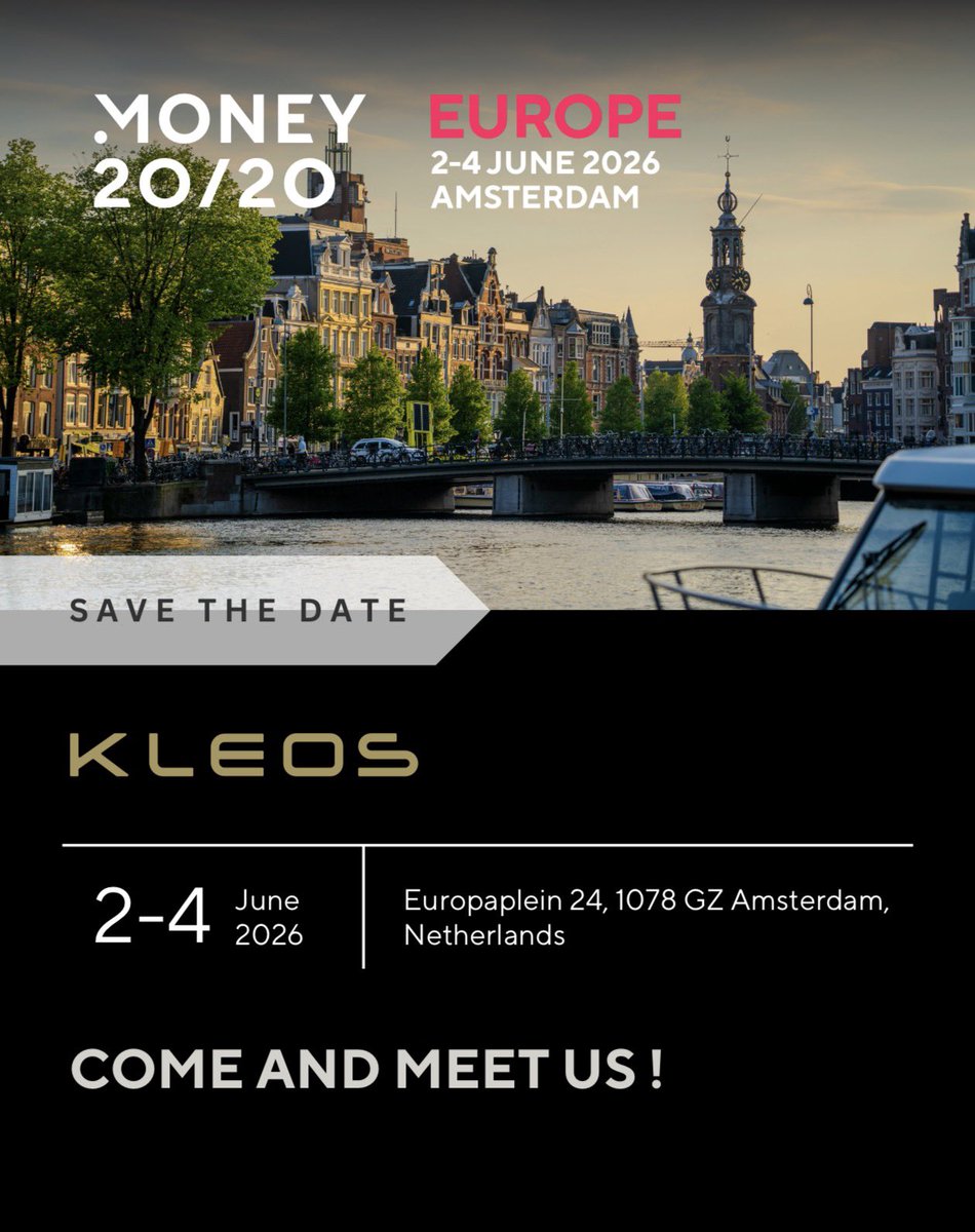 Kleos_app's tweet photo. Amsterdam next. ✨🇳🇱
Kleos is heading to @money2020 Europe 2026.
See you on June 2–4 in Amsterdam as we continue building the future of digital finance.
#Kleos #Money2020 #Payments #Web3 #Amsterdam https://t.co/SV8JqYfOkD