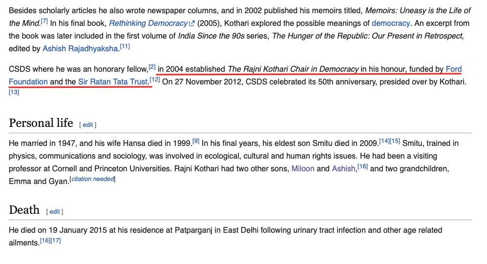 VijayGajeraO's tweet photo. 6. But why is he so powerful, and who is he?

Here is the most surprising part.

He is the son of Rajni Kothari, who founded CSDS, which was funded by CIA-backed money.

The Ford Foundation and Ford Trustee Tata have honored him in CSDS. https://t.co/CNrpEACUY5
