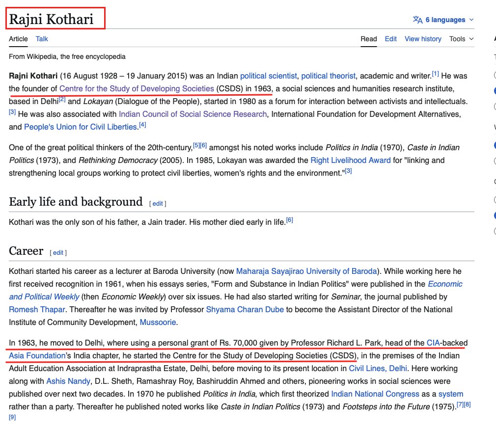 VijayGajeraO's tweet photo. 6. But why is he so powerful, and who is he?

Here is the most surprising part.

He is the son of Rajni Kothari, who founded CSDS, which was funded by CIA-backed money.

The Ford Foundation and Ford Trustee Tata have honored him in CSDS. https://t.co/CNrpEACUY5