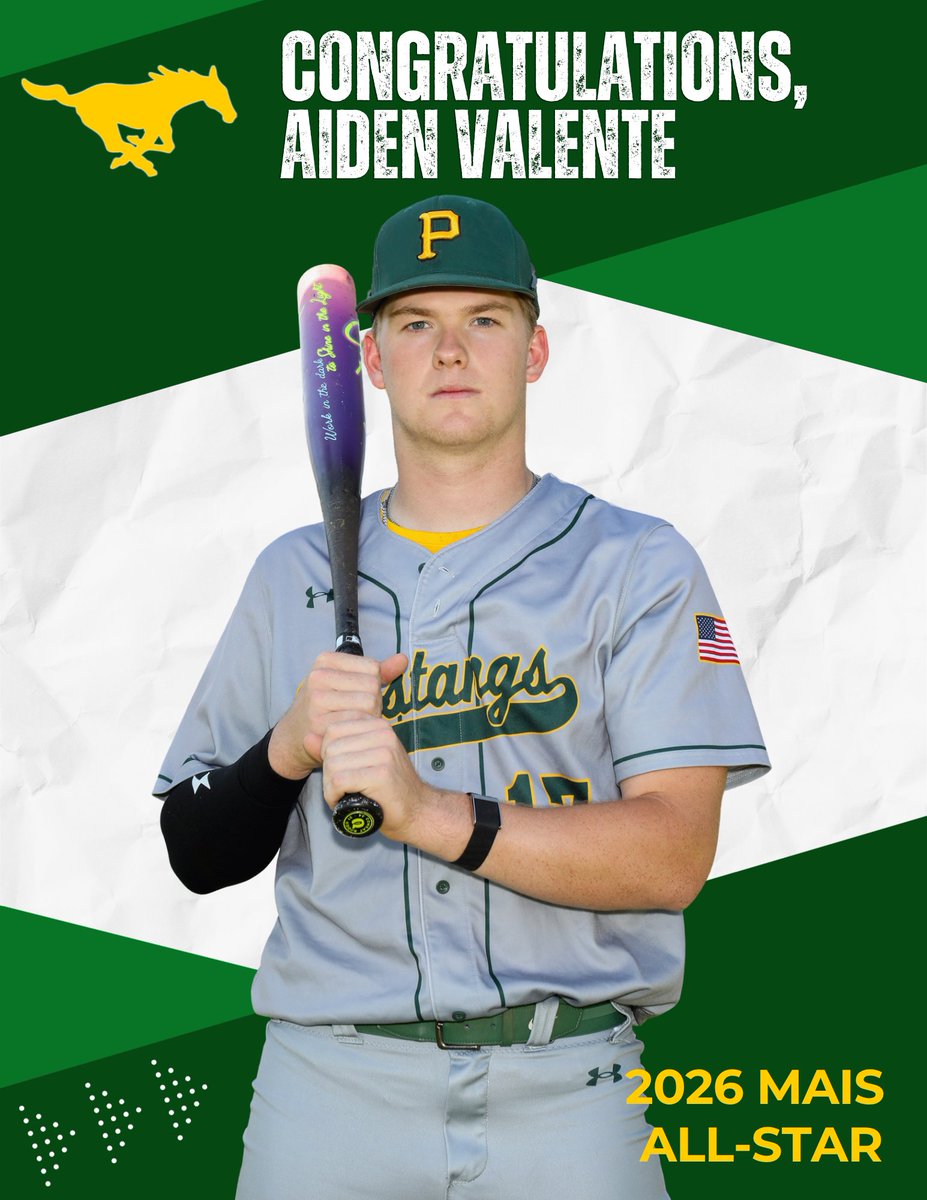 MUSTANGS_PA's tweet photo. 💚💛 CONGRATULATIONS, AIDEN VALENTE! 💛💚

Join us in celebrating Aiden Valente for being selected to play in the 2026 MAIS All‑Star Baseball Game! 

📍 Mississippi College  
⏰ Monday, May 18 at 4:00 PM

We are so proud of Aiden and can’t wait to cheer him on! https://t.co/VcyCkkKgRe