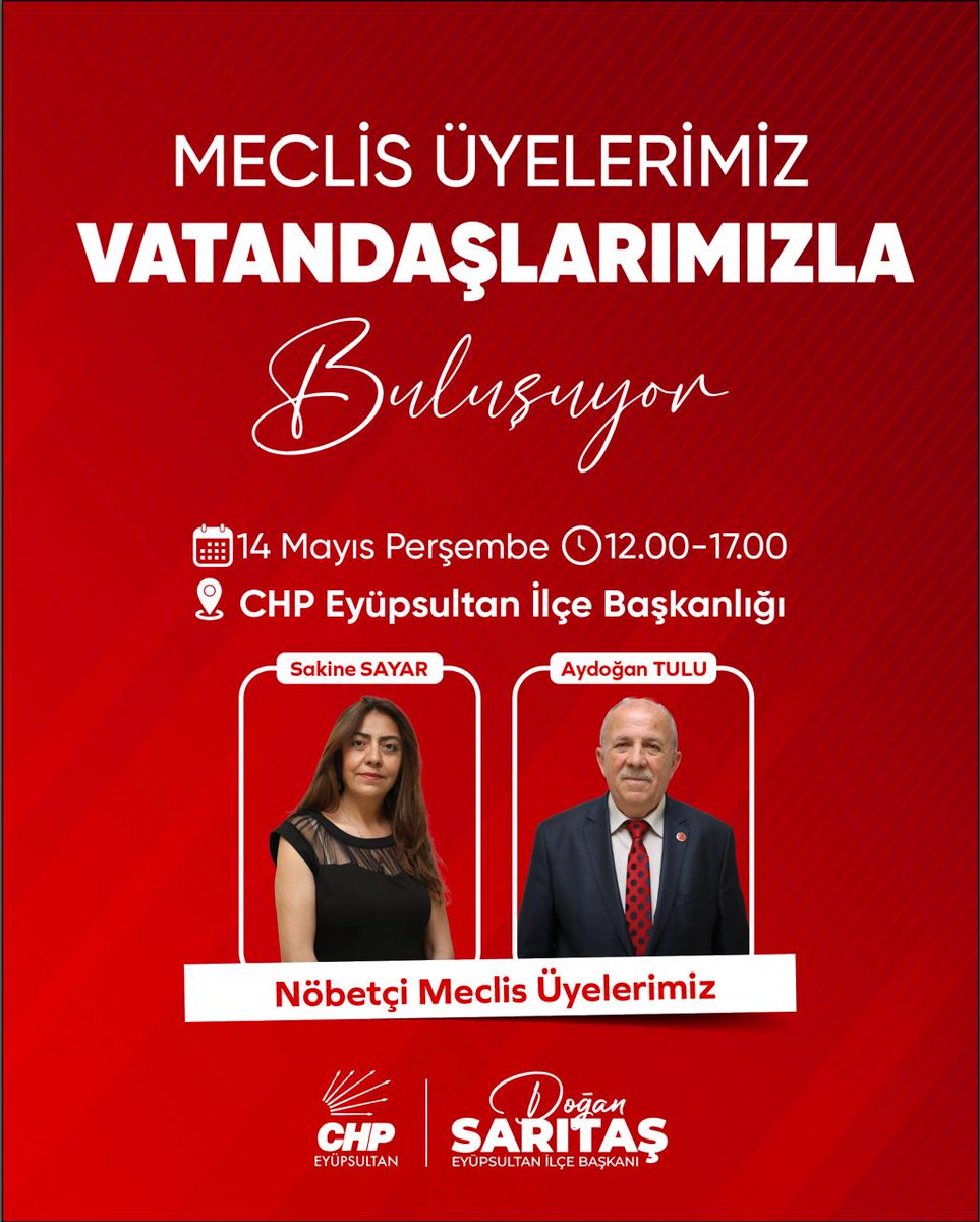 chpeyupsultan's tweet photo. MECLİS ÜYELERİMİZ VATANDAŞLARIMIZLA BULUŞUYOR

📢 Perşembe İlçe Başkanlığı Buluşmalarımızda Bu Hafta Eyüpsultan Belediyesi Meclis Üyelerimiz Sakine Sayar ve Aydoğan Tulu Vatandaşlarımızın Sorularını Yanıtlayacak, Talep ve Önerilerini Dinleyecekler.

@herkesicinCHP @CHP_istanbulil https://t.co/WbAsYRDKBS