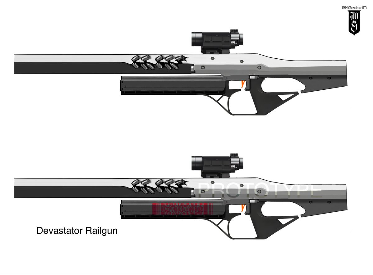 MGecko117's tweet photo. Weapon design for @flyawave’s TTRPG Paracosmic. The Devastator railgun is an experimental hyper velocity weapon that requires a dedicated power backpack to operate https://t.co/ZmMbh652Iv