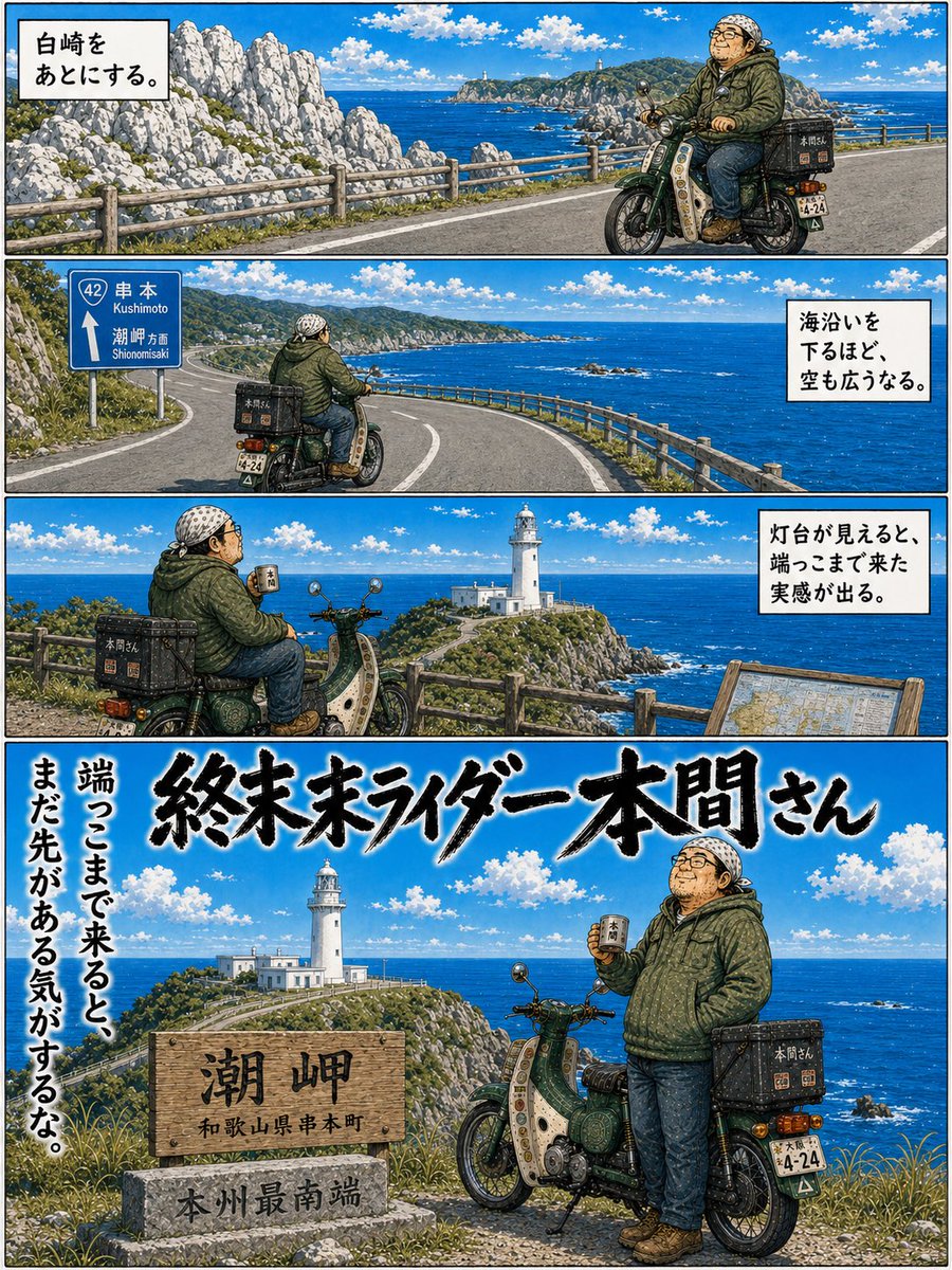 moaiuni's tweet photo. #100日後にバイクを降りる本間さん
終末ライダー本間さん　
18日目
潮岬 https://t.co/vbJ5nkzlMG