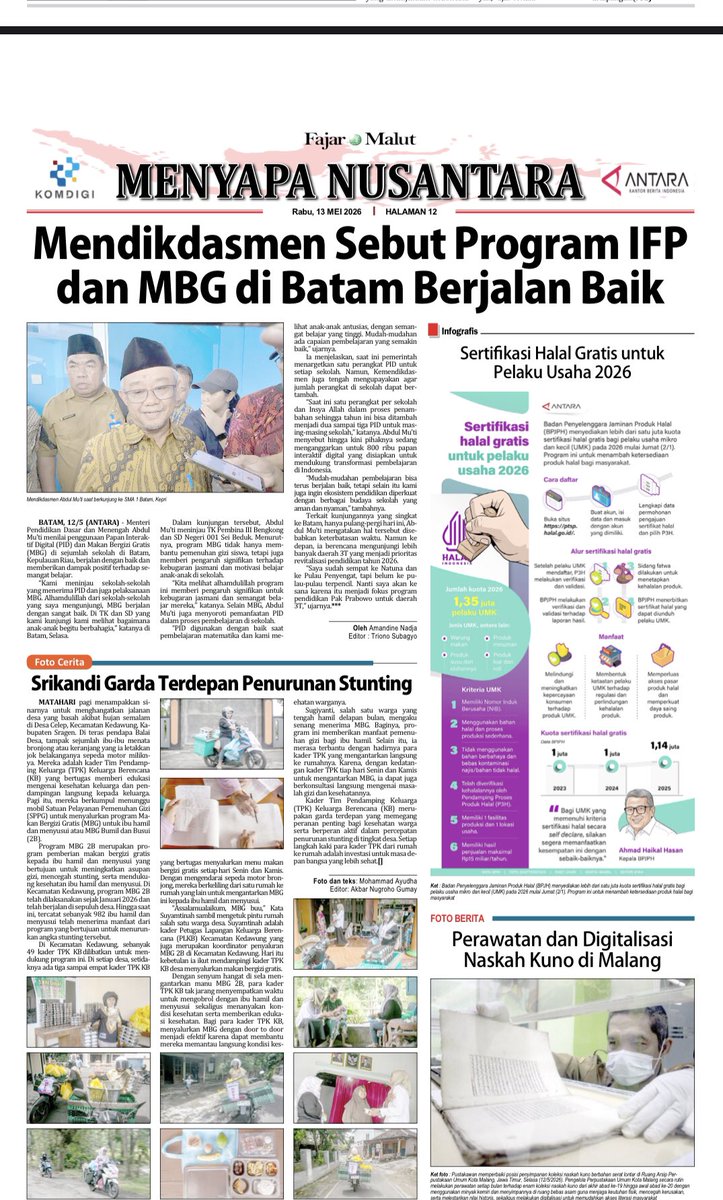 fajar_malut's tweet photo. Fajar Malut Edisi Rabu 13 Mei 2026, Hadir Dengan Menyapa Nusantara.   #Fajarmalut  #Menyapanusantara  #Komdigi  #Koran https://t.co/bQxdQ4BbXz