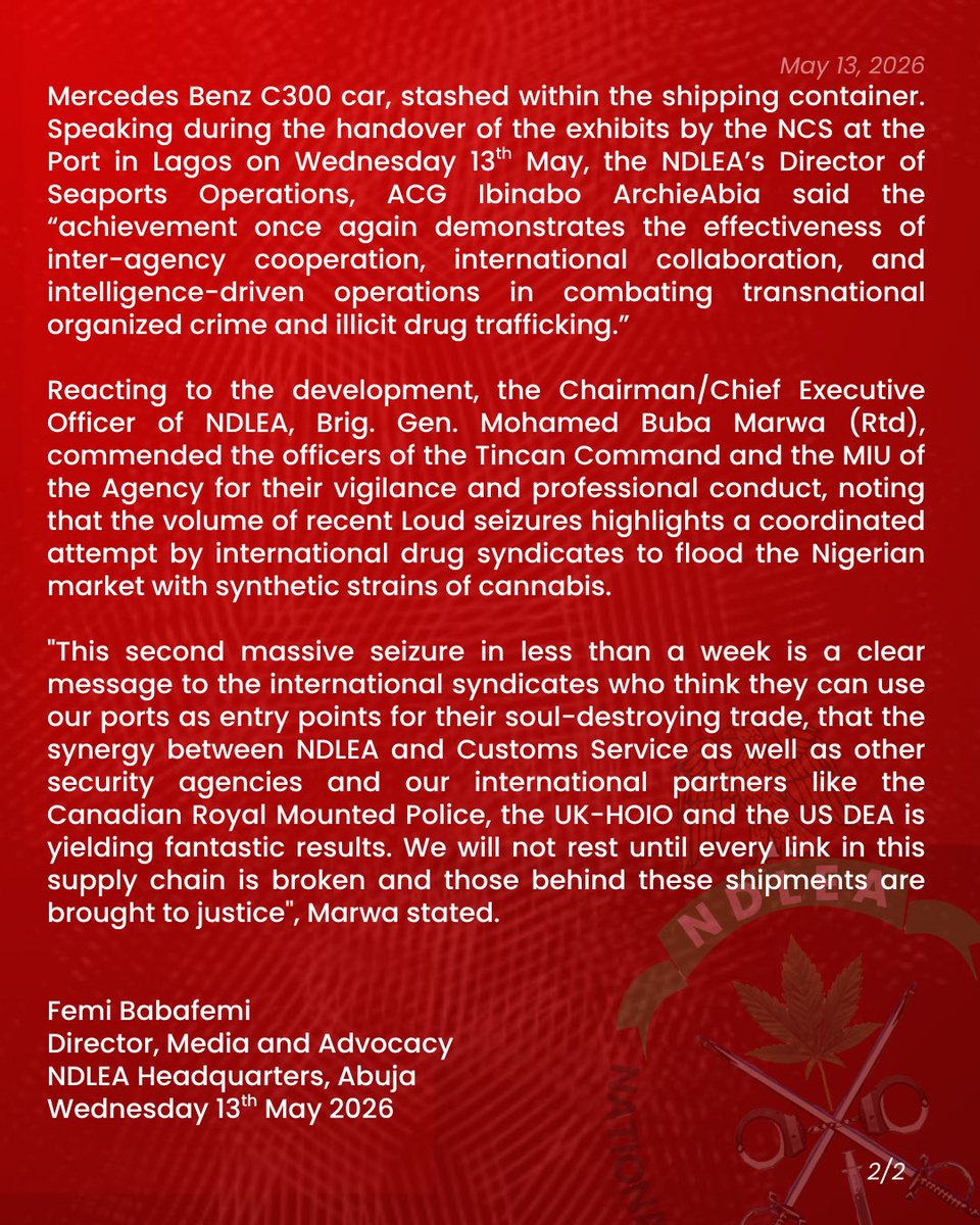 ndlea_nigeria's tweet photo. NDLEA intercepts N10.4 billion Canadian Loud at Lagos Port

- We’ll continue to work with local and international partners until illicit drug supply chain is fully broken in Nigeria, Marwa assures

Read more at:
https://t.co/wgdm1bWdF6 https://t.co/wrkIbgt5ZP