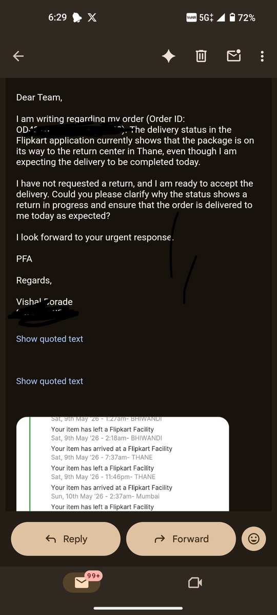 Aatmpamphlet's tweet photo. Multiple calls N emails to the GrievanceTeam my order still wasn’t delivered on time and now the app showsReturn to thane What’s the point placing prepaid orders if they are never delivered properly?
@flipkartsupport
#Flipkart #DeliveryIssue #CustomerExperience #ConsumerRights https://t.co/wqi8aWwrvF
