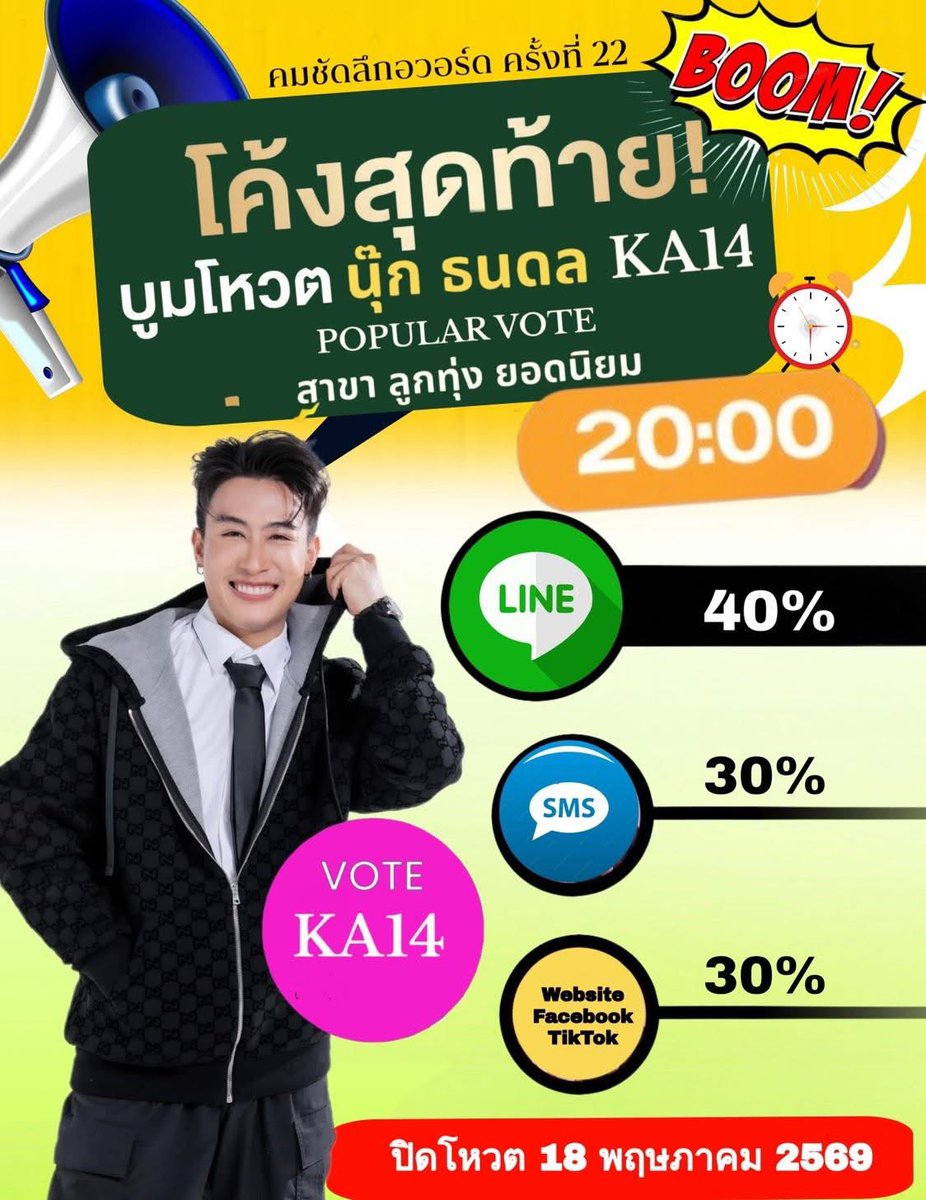 TooJira's tweet photo. 🔥 2 ทุ่มแล้วครับ⏰ เริ่ม ******#BooooooooooM‼️******🔥5🔥วันสุดท้ายก่อนปิดโหวต พาน้องนุ๊กไปรับรางวัลกันครับ✌️💪😘🙏
โหวต:
KA-14 น้องนุ๊ก ธนดล
ลุยคร้าบพี่ๆ✌️Line / Sms/ Website
⏰ปิดโหวต 18 พ.ค. 69
➖️➖️➖️➖️➖️➖️➖️➖️➖️
✅️❤️โหวตผ่าน SMS พิมพ์รหัส KA 14 (สัดส่วน 3️⃣0️⃣%)
- 4642345 (1 คะแนน) ครั้งละ 6 บาท
- 4642789 (6 คะแนน) ครั้งละ 30 บาท
- 4642999 (20 คะแนน) ครั้งละ 100 บาท
✅️❤️โหวตผ่าน Line Shop : @KomChadLuek
https://t.co/S58WGYTcVj (สัดส่วน 4️⃣0️⃣%)
โหวต Line Shop 10 บาท (2 คะแนน)
โหวต Line Shop 50 บาท (12 คะแนน)
โหวต Line Shop 100 บาท (25 คะแนน) )
✅️❤️โหวต✅️ฟรี‼️‼️✅ 3 ช่องทาง (สัดส่วน 3️⃣0️⃣%)
⭐️1. โหวตผ่านเว็บไซค์คมลึกทุกๆ 10 นาที (สัดส่วน 10 %)
https://t.co/ysAOaMIKeK
⭐️2. โหวตกดใจทางTikTok คมชัดลึก (สัดส่วน 10%) https://t.co/1YOkTkR1OO
⭐️3. โหวตอิโมจิใต้รูปน้องนุ๊ก 2 เพจ (สัดส่วน 10 %)
1️⃣ https://t.co/RyxaAa2vA4
2️⃣ https://t.co/7TyjwkvQeK
⏰ร่วมโหวตวันนี้ - 18 พ.ค. 2569
ประกาศผลคะแนน Popular Vote
ในงานประกาศรางวัลคมชัดลึก อวอร์ด ครั้ง ที่ 22
วันพุธที่ 27 พ.ค. 2569
#นุ๊กธนดล #NookThanadon #คมชัดลึกอวอร์ดครั่งที่22