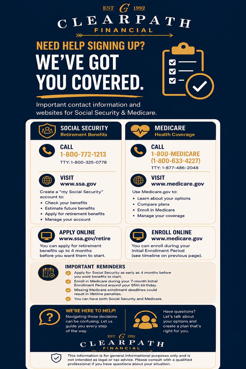 ClearpathFin's tweet photo. Approaching retirement or turning 65 soon? 
Knowing when to sign up for Social Security and Medicare can make a big difference. 
Check out our quick guide, and reach out if you have questions about your next step. #RetirementPlanning #Medicare #SocialSecurity https://t.co/yabBIijbaa