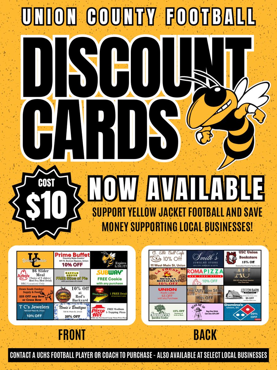 UCHS_FootballSC's tweet photo. The 2026 UC Football Local Business Discount Card is available. We will be selling the cards in the coming days for $10 each. Please consider buying one to help support our program and student athletes. All of the businesses on the card are from UC.
UC P.R.I.D.E. https://t.co/zasGtd5Nqk
