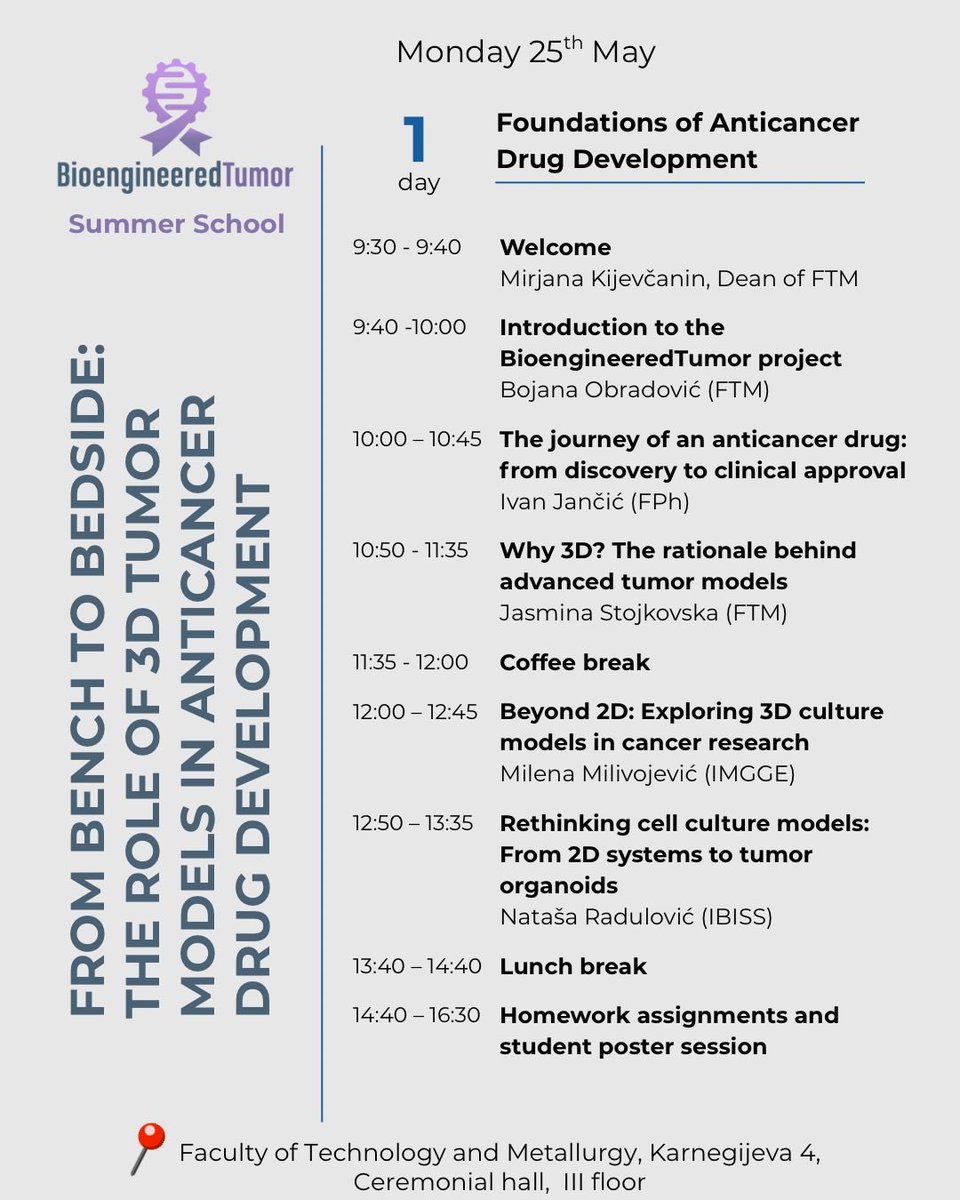 BioengTumor's tweet photo. 📢 BioengineeredTumor Summer School 2026!

🧫 From Bench to Bedside: The Role of 3D Tumor Models in Anticancer Drug Development 📍Belgrade, Serbia, Faculty of Technology and Matallurgy 🗓️ May 25–29, 2026

Application link: https://t.co/pu0UgKXrpW https://t.co/FirkMDW2qW