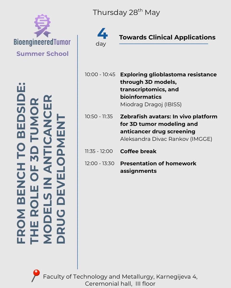 BioengTumor's tweet photo. 📢 BioengineeredTumor Summer School 2026!

🧫 From Bench to Bedside: The Role of 3D Tumor Models in Anticancer Drug Development 📍Belgrade, Serbia, Faculty of Technology and Matallurgy 🗓️ May 25–29, 2026

Application link: https://t.co/pu0UgKXrpW https://t.co/FirkMDW2qW