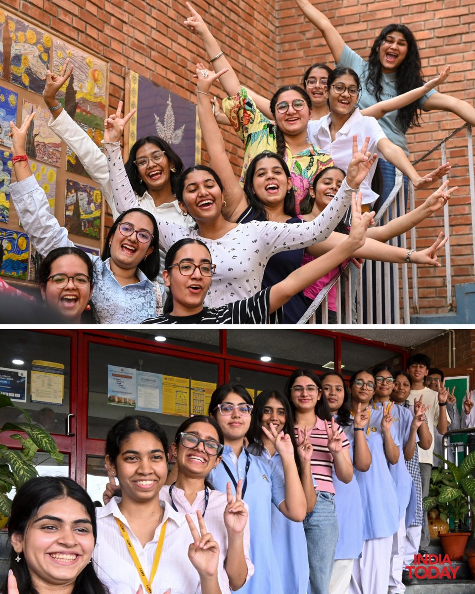 IndiaToday's tweet photo. #InPic | Students across multiple cities including Noida, Amritsar, Ranchi, New Delhi, and Gurugram celebrated and posed for photographs as the CBSE and PSEB Class 12 results were declared on Wednesday, May 13, 2026, marking a day of joy and relief in schools across India.

#CBSEResults2026 #Class12Results #BoardResults #StudentsCelebration #ExamResults #IndiaEducation #SchoolLife #ResultsDay #IndiaTodaySocial #ITPhotoblog