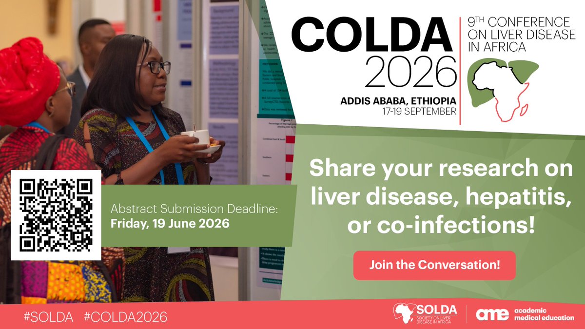 Solda_Society's tweet photo. 📢 Abstract submissions are still open for #COLDA2026!

We welcome submissions on HBV/HCV, #hepatitis co-infections, end-stage #liverdisease, and more.

🗓 17–19 September 2026
📌 Addis Ababa, Ethiopia

🔗 https://t.co/AV49VQXY4y https://t.co/nKT35N0ilL