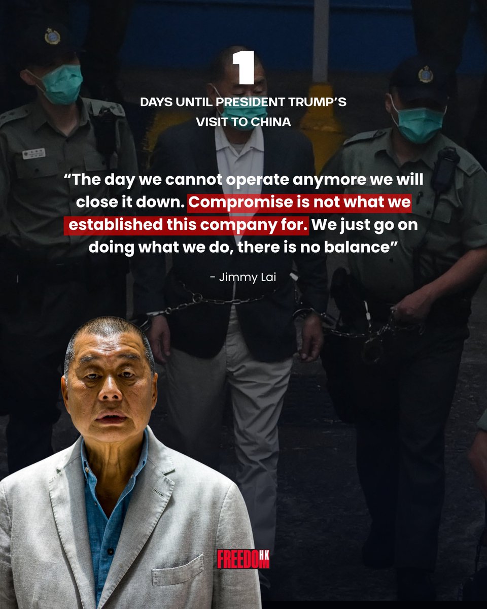 thecfhk's tweet photo. In "The Troublemaker," @MarkLClifford, president of @theCFHK, describes how #JimmyLai responded to his arrest and the raid on #AppleDaily: the paper ramped up printing eightfold, selling 550,000 copies the next day. Lai himself told his staff, "Compromise is not what we established this company for. We just go on doing what we do, there is no balance."
That same unbreakable spirit sustains him today, even as Lai remains in a #HongKong prison cell after more than five years in solitary confinement, serving a 20-year sentence for telling the truth.
As President Trump meets Xi Jinping in #Beijing, we urge @POTUS to honor Lai's courage and sacrifice by making his immediate and unconditional release the top priority. #FreeJimmyLai
https://t.co/zBNw4PuPN7