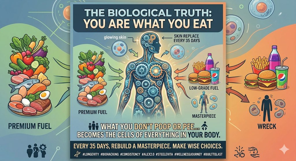 alexandercurtis's tweet photo. We all grew up hearing the saying, "you are what you eat." It’s a classic line, but most of us never realized how literal it actually is.

The human body is an amazing biological machine. Every 35 days, it completely replaces your skin and constantly creates new cells to rebuild your entire system. This isn't a metaphor—it is a physical reality. Everything you chew, swallow, and process in your gut becomes the literal building blocks of your body.

If you are feeding this machine crap, you are going to be a piece of crap. You are providing the raw materials for your own cellular structure, and you can’t expect a high-performance life if you’re building yourself out of low-grade junk.

You have a choice every time you eat: build a masterpiece or build a wreck.

#Longevity #Biohacking #Consistency #Alex2.0 #SteeleVita #WellnessJourney #BuiltToLast