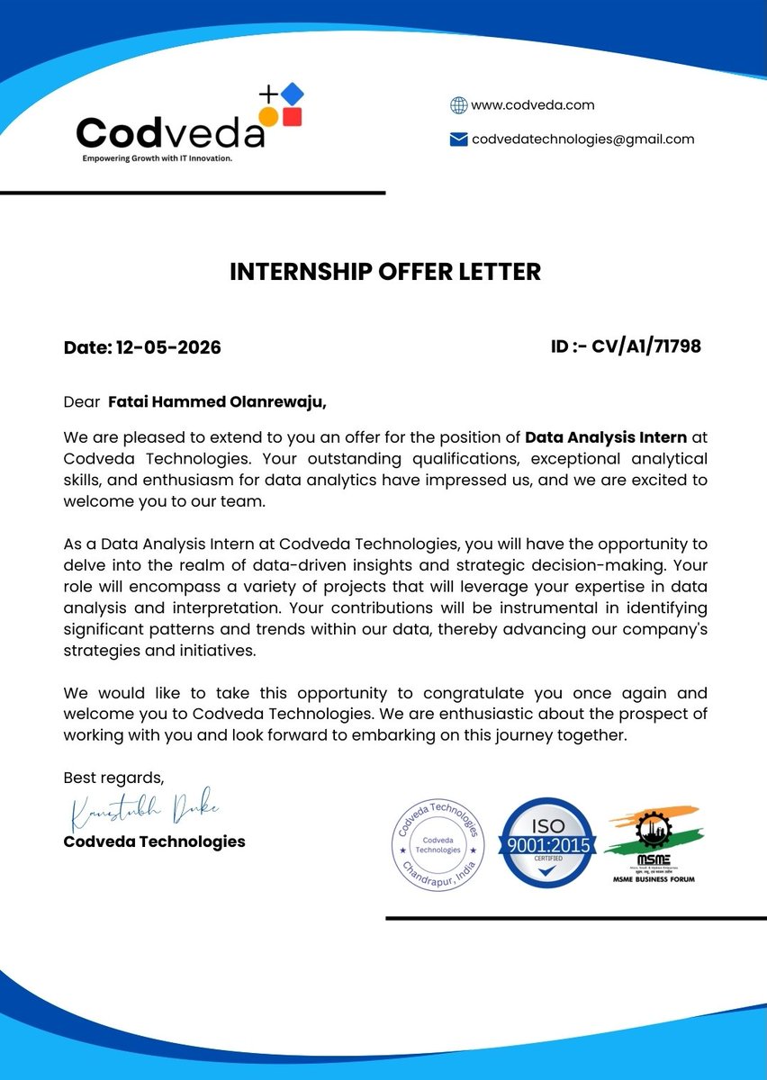 iam_wealth01's tweet photo. A new chapter begins…  
Thrilled to announce my Internship Offer from Codveda Technologies! This is more than just an opportunity — it’s a launchpad for growth, innovation, and exploration. Looking forward to the adventure ahead!  
@ezekiel_aleke 
Internship #CodvedaTechnologies https://t.co/WEiRtnLW6K