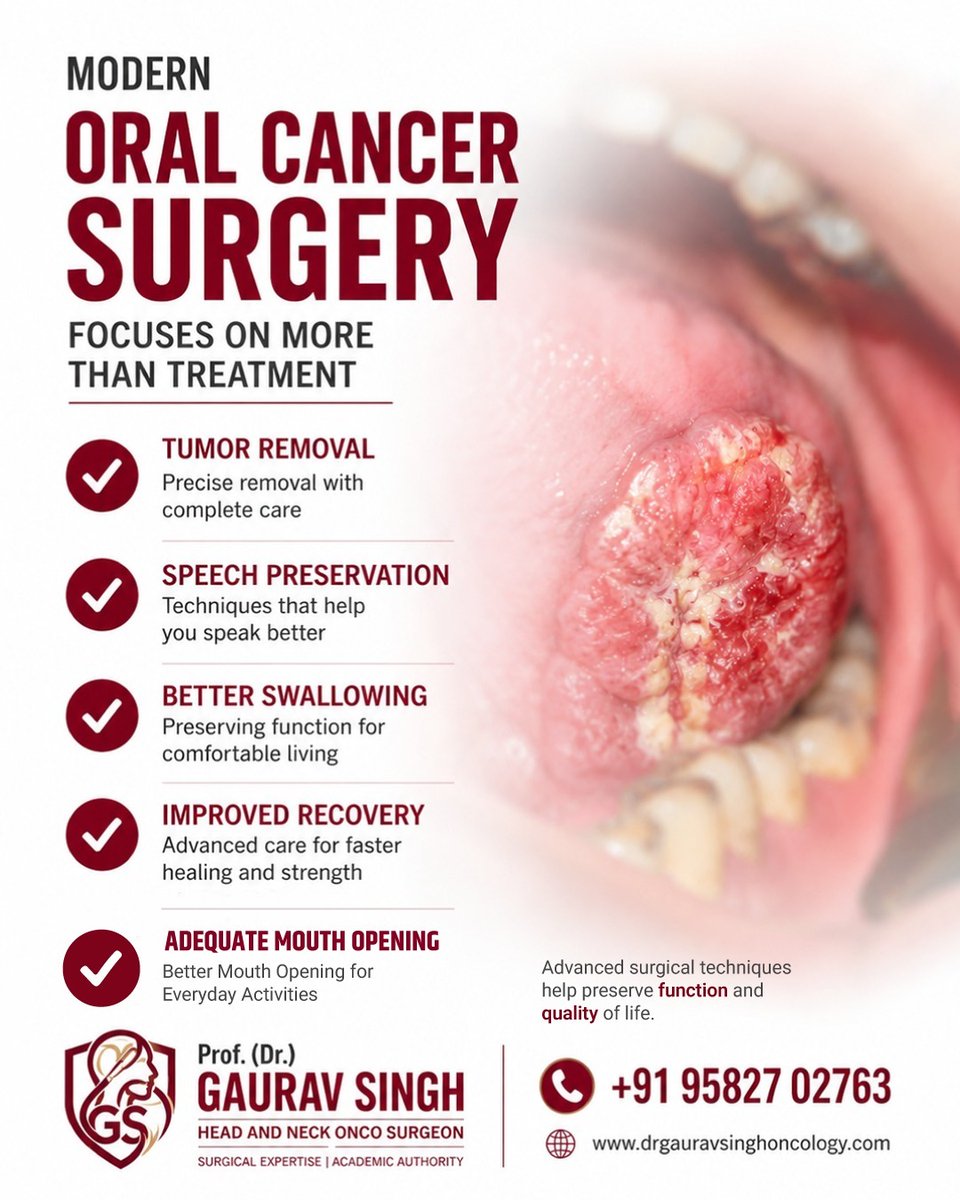 ProfDrGaurav's tweet photo. Early detection saves lives. Modern oral cancer surgery is not just about tumor removal, it’s about preserving your speech, swallowing, and quality of life.

Advanced surgical techniques now focus on complete care and faster recovery. https://t.co/d6KOkbnkwM