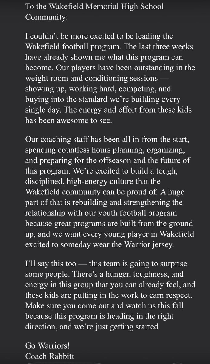 WMHS_Warrior1's tweet photo. Give us a follow! This team is primed to do some things this year. This staff is ready to take Wakefield HS Football to the next level. @WMHS_Warriors https://t.co/KrPiUr0fWR