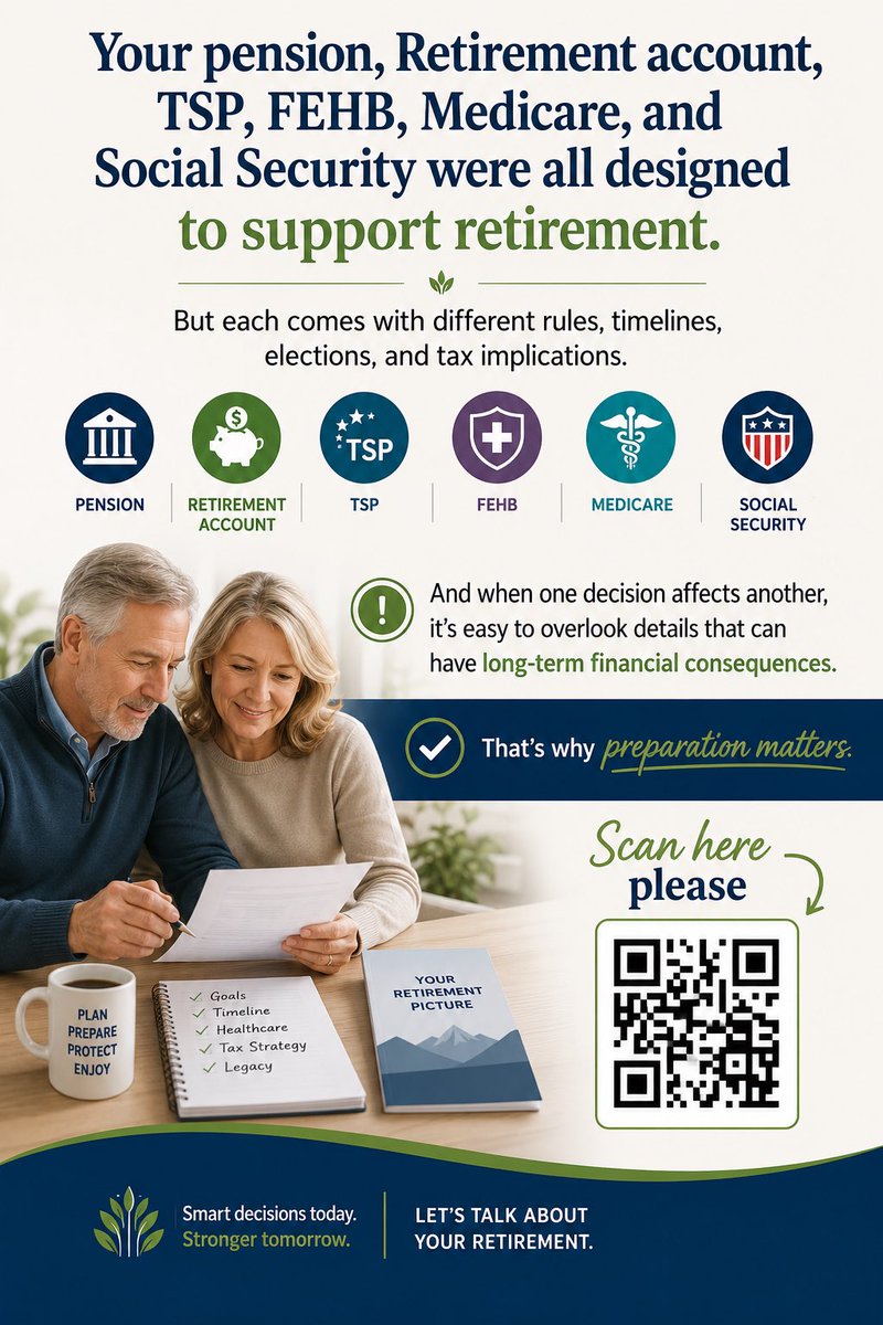 luvdogdesi's tweet photo. Your pension, retirement account, TSP, FEHB, Medicare, and Social Security are all designed to support your retirement. But with different rules and tax implications, it’s easy to overlook details that can impact your financial future. Preparation is key! Let’s talk about how to https://t.co/jyV5hjFpbx