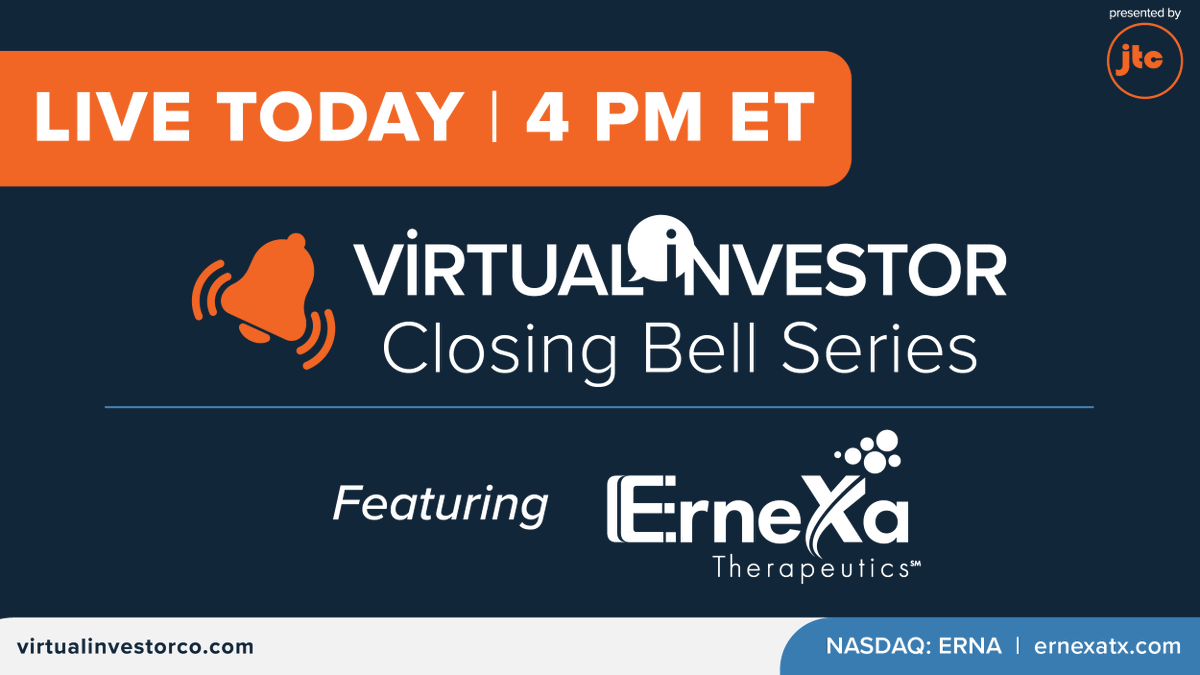 InvestorVirtual's tweet photo. 🔔 Live Today at 4 PM ET!

Catch @ernexatx live in their #VirtualInvestor Closing Bell segment for the latest corporate updates, key progress highlights, and a look at upcoming initiatives.

Watch live here: https://t.co/bCvN1jowe7 

$ERNA #CancerResearch #DeliveringHope https://t.co/NJDzVQY2sJ