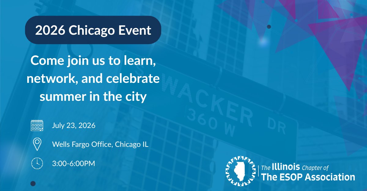 ESOP_IL's tweet photo. SAVE THE DATE: Thursday, July 23rd
Be sure to SAVE THE DATE for an insightful afternoon with valuable takeaways, then wrap up the day with a lively cocktail hour, engaging conversations, and firsthand stories about how employee ownership transforms workplaces and communities. https://t.co/mavXTKsasq