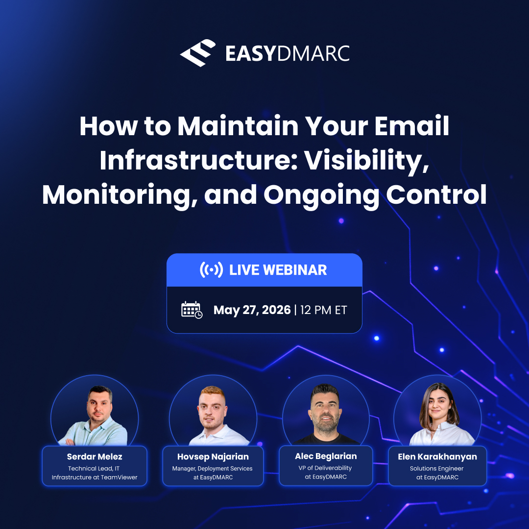 easydmarc's tweet photo. 📧 Many organizations treat email security as a one-time setup. Configure SPF, DKIM, and DMARC, then move on. The reality is different: as new tools, services, and sending sources are introduced, configurations drift, dependencies grow, and risks reappear.

Join our upcoming webinar, "How to Maintain Your Email Infrastructure: Visibility, Monitoring, and Ongoing Control," for a practical look at what it takes to keep email infrastructure healthy over time.

We're especially glad to welcome our special guest, Serdar Melez, Technical Lead, IT Infrastructure at @TeamViewer, joining EasyDMARC's experts to share how teams maintain authentication, manage third-party senders, and protect sender reputation at scale.

What we'll cover:
✅ Continuous monitoring practices for ongoing email security
✅ Managing third-party services and reducing Shadow IT risks
✅ Keeping SPF, DKIM, and DMARC aligned over time and avoiding configuration drift
✅ DNS hygiene and how to prevent misconfigurations
✅ Protecting and maintaining sender reputation

🎙 Speakers:
Serdar Melez, Technical Lead, IT Infrastructure at TeamViewer
Alec Beglarian, VP of Deliverability at EasyDMARC
Hovsep Najarian, Manager, Deployment Services at EasyDMARC

🎤 Moderator:
Elen Karakhanyan, Solutions Engineer at EasyDMARC

🔗 Reserve your spot: https://t.co/L8F1PTskDQ

#EasyDMARC #EmailSecurity #DMARC #SPF #DKIM #EmailInfrastructure