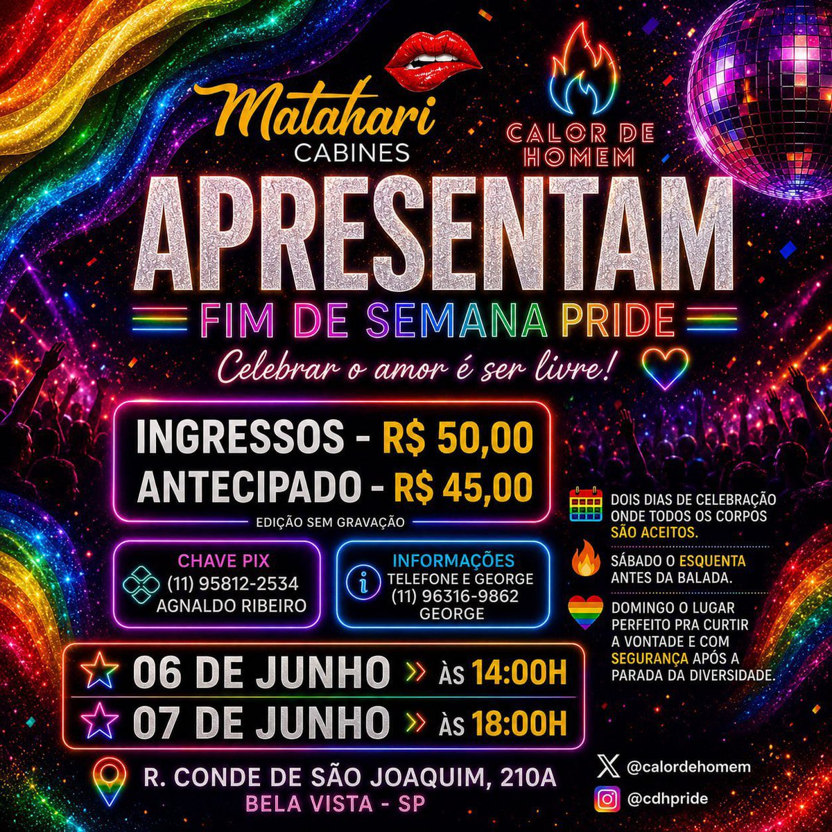 offdocalli's tweet photo. Motivos para estar em São Paulo no fim de semana da Pride, vou dar dois.
Edição aberta do @calordehomem no Matahari.
Sábado, 06/06, das 14h à 00h.
Domingo, 07/06, das 18h à 00h, após a Parada da Diversidade.
Programe-se e venha viver bons momentos antes da sua balada preferida. https://t.co/Jcus9ZUTgi
