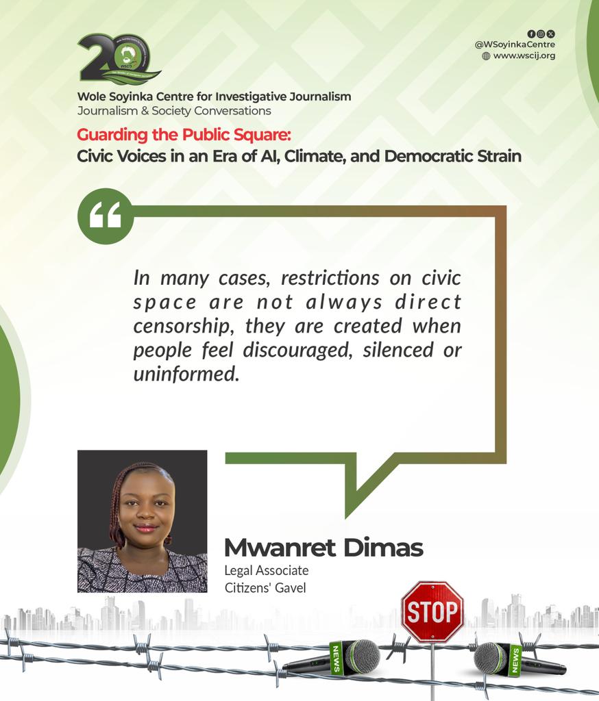 WSoyinkaCentre's tweet photo. @Faittiee, Legal Associate at Citizens' Gavel, contributed a vital legal perspective to the @WSoyinkaCentre Journalism & Society Conversations. During the session themed "Guarding the Public Square: Civic Voices in an Era of AI, Climate, and Democratic Strain," Dimas explored how subtle pressures and a lack of clear systems can erode civic participation.

She argued that civic space is restricted not just through direct censorship, but whenever citizens feel discouraged, silenced, or uninformed. To combat this, she emphasised the necessity of clear reporting channels for abuse by public institutions and the need to sensitise activists, journalists, and whistleblowers so they can speak up without fear of retaliation.

For a deeper look into the legal safeguards for our civic space, explore these resources:
Read the news brief here: https://t.co/D8f8Jt4Mgw
Listen to the recording of the conversation here: https://t.co/heiyI7KW5A

#WSCIJ #WSCIJConversations #PressFreedom #MediaEthics