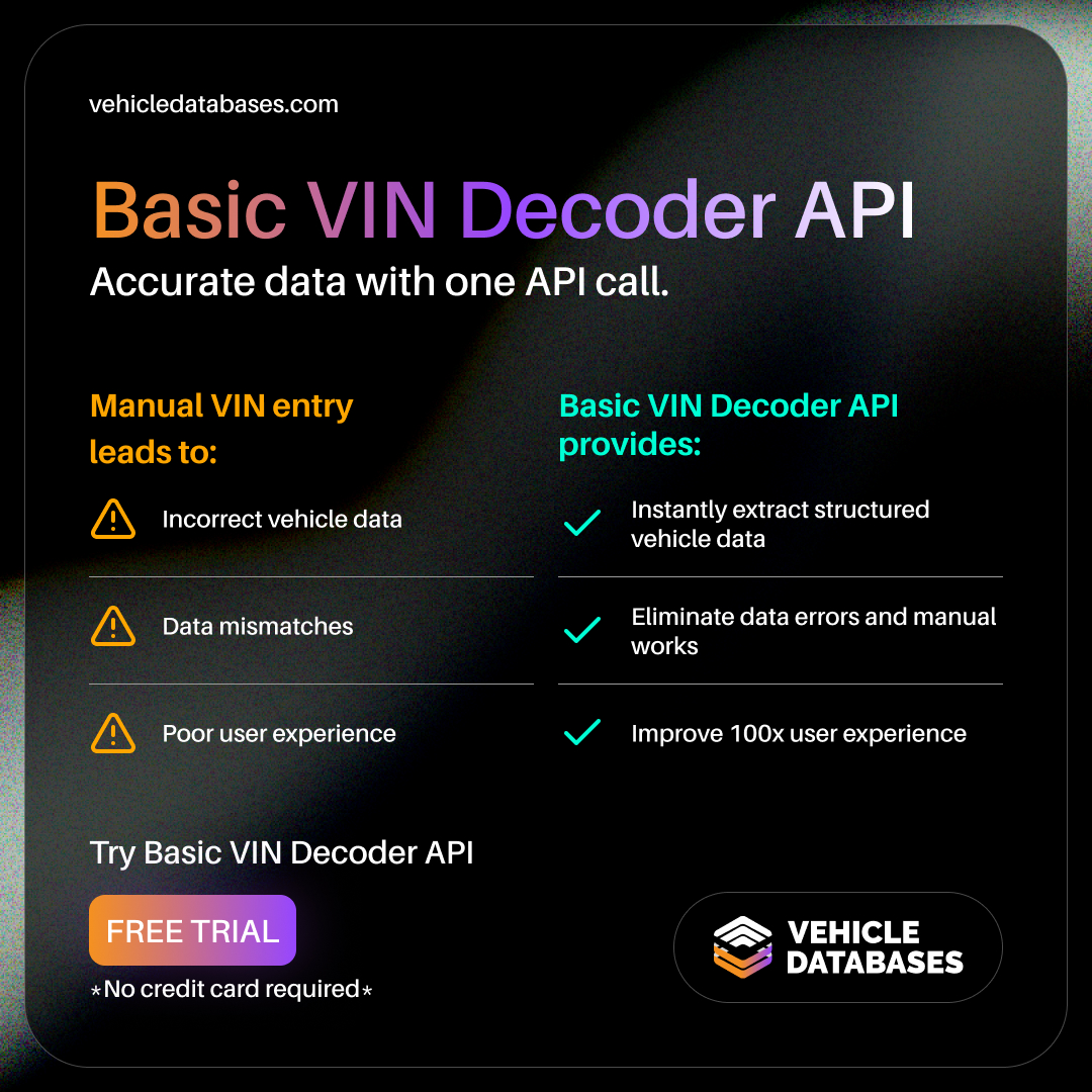 VDatabases's tweet photo. Every vehicle workflow starts with the VIN.
Manual VIN entry often causes wrong data, mismatches, and poor UX. The Basic VIN Decoder API instantly returns structured vehicle data with a single API call.

Get Started today!
https://t.co/lZSsmgCyAp

#automotive #api #devtool https://t.co/oAKMbBlPN0