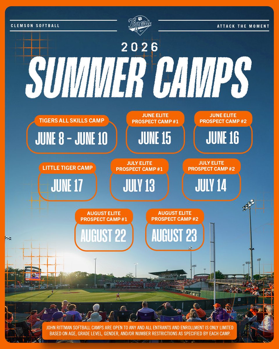 RittmanSBCamps's tweet photo. ✨ Summer camps are LIVE ✨

Head over to https://t.co/AGq4HdoaIj to register today and spend your summer with us at McWhorter Stadium!

@clemsonsoftball x @KatieRepole https://t.co/MSjLijFVXs