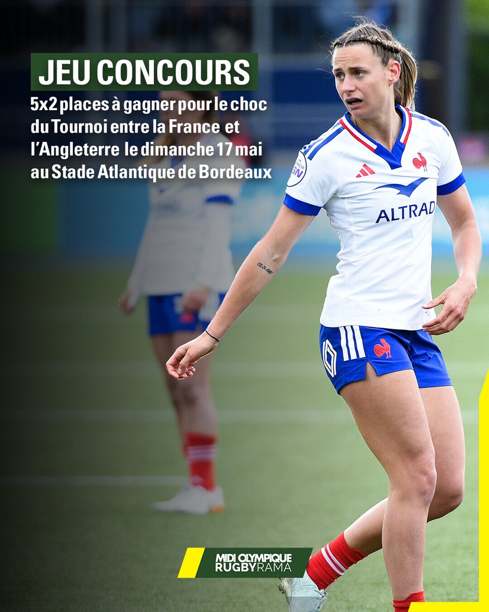 RugbyramaFR's tweet photo. 5 lots de 2 places sont à gagner pour la rencontre entre les Bleues et l'Angleterre, dimanche à 17h45 à Bordeaux 🔥

Pour participer :
- Abonne-toi à @RugbyramaFR 
- Dis-nous commentaire avec qui tu assisteras au match 🏟️

Tirage au sort le 15/05, bonne chance 🍀 https://t.co/mJv9xfYhC4