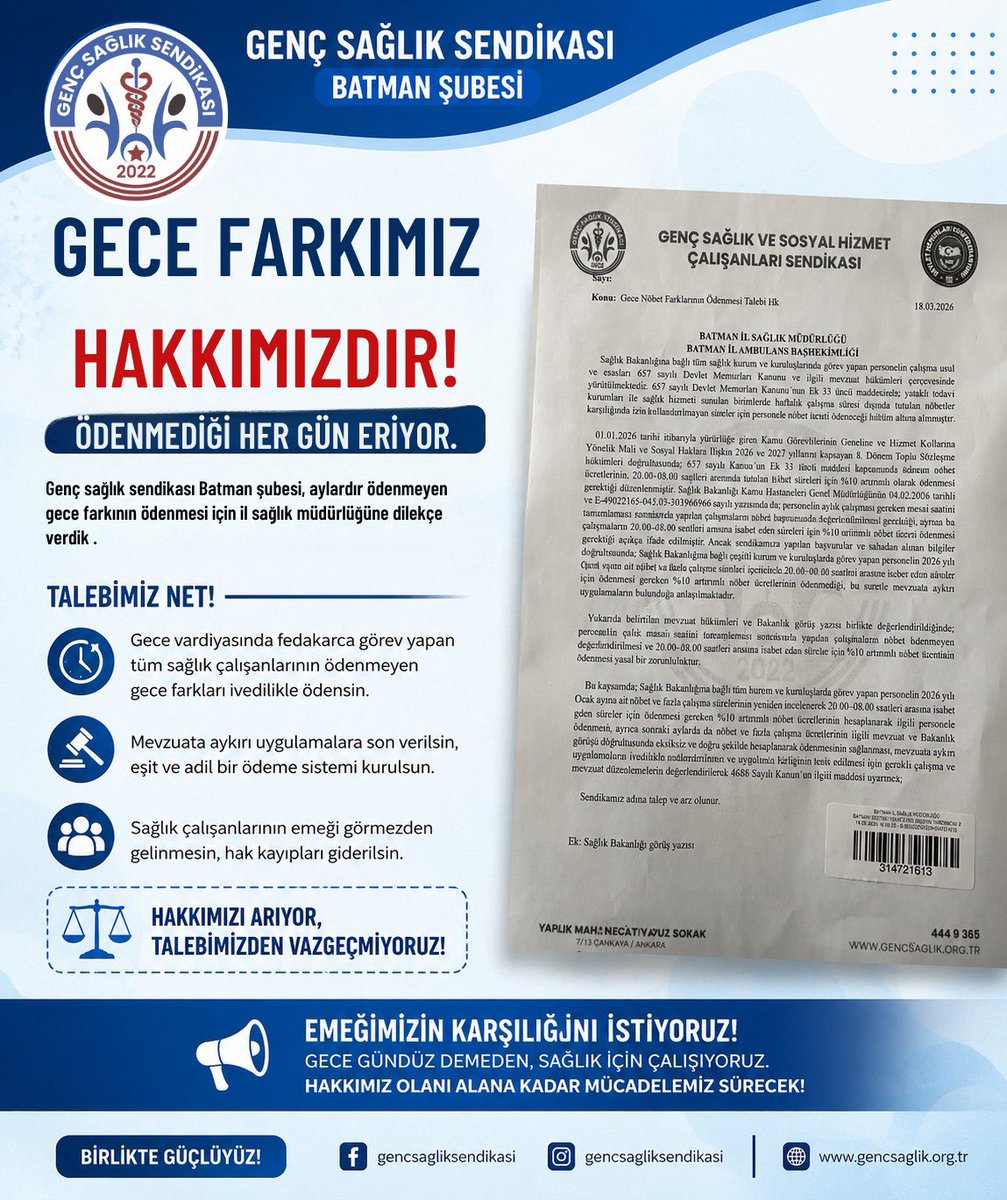 gssbatman's tweet photo. Aylardır ödenmeyen gece farklarının ödenmesi için il sağlık müdürlüğüne dilekçe verdik. Mağduriyetin devam edilmesi halinde hukuk yoluna başvurmaktan geri durmayacağız ! @osmkya06 @gencsagliksendikasi @devletmemurlarikonfederasyonu
@ilbogadincer https://t.co/qbUHdng3z0
