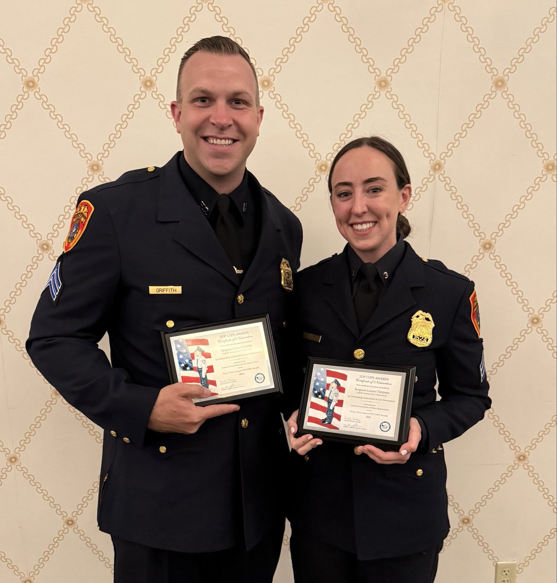 SuffolkSOA's tweet photo. Last night in Washington, DC, Sergeants Robert Griffith and Lauren Timpano were recognized as nominees at the 23rd Annual NAPO Top Cops Awards event. 1VP Jim Roddin, 2VP Brendan Pilkington, and  Trustee Kevin Maiale were in attendance in support of our members. https://t.co/Ylj1RPhpox