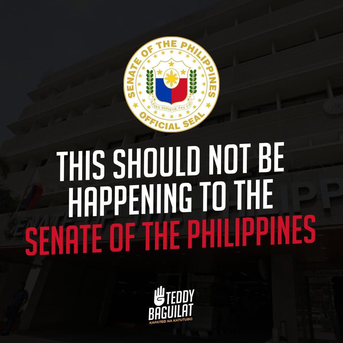 TeddyBaguilatJr's tweet photo. Binabalot ang Senado ng mga pangyayaring hindi dapat: armed personnel with long firearms within the building, at nagkaroon pa ng putukan.

Masakit sa mata ang mga balitang nagaganap sa Senado ngayong gabi. Dapat na itong Ito vigil. https://t.co/aZ56QXfBXR