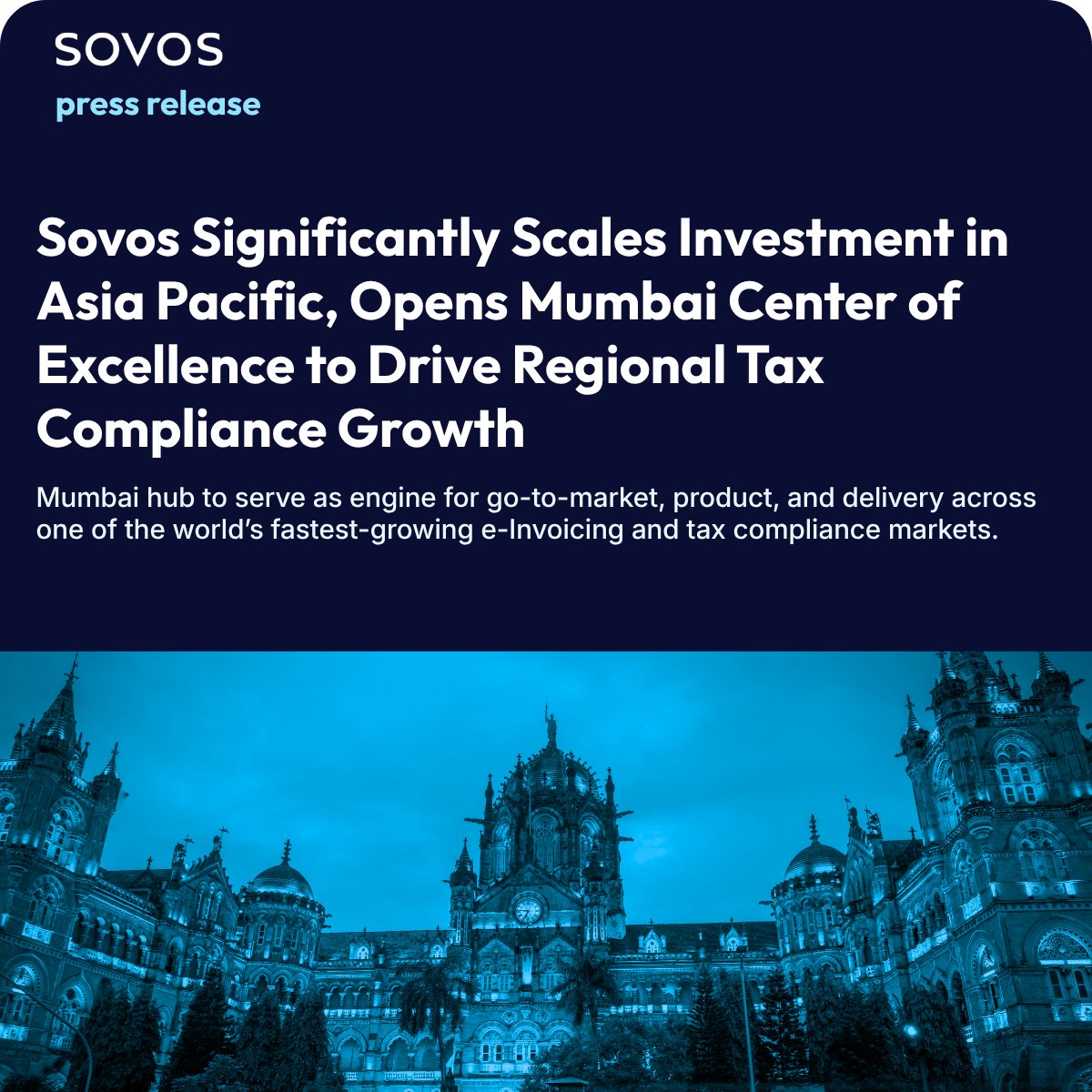 SovosCompliance's tweet photo. Big news: our new APAC Center of Excellence in Mumbai is officially open 🏢
As e-invoicing and real-time reporting accelerate across the region, we’re investing to stay ahead — and support our customers at scale.

👉 More: https://t.co/T9wGEghodk

#APAC #TaxCompliance #EInvoicing https://t.co/OSUdkWpTUq