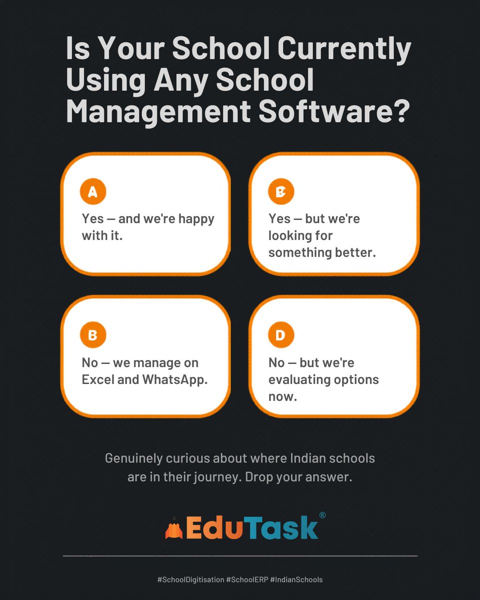 myedutask's tweet photo. Is your school using a school management system?

A) Happy with current software
B) Looking for something better
C) Managing on Excel/WhatsApp
D) Evaluating options now

Drop your answer

#SchoolERP #SchoolDigitisation #IndianSchools https://t.co/wrMRvFCYoX