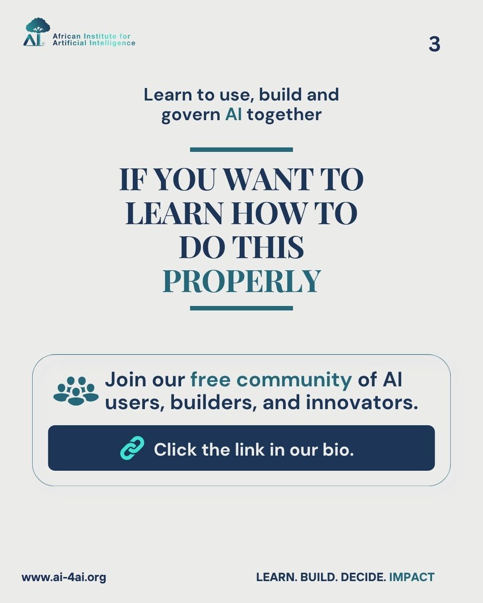 AI_4AI's tweet photo. Africans can build and solve problems with AI

Start with a real problem around you.
Use AI to make it better.
Move from just using tools to actually creating impact.

If you want to learn how to do this properly, join our free community.
Link in bio. 

#aiinafrica #buildwithai https://t.co/ANjBnhHtWN