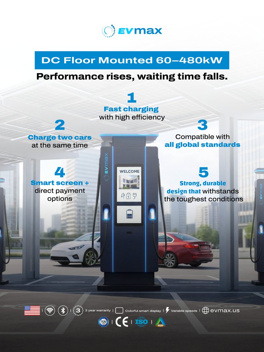 EVmax2025's tweet photo. One charger that covers all the needs of your commercial location!
Delivers a fast, safe, and reliable charging experience for all your visitors and customers.
Order the DC Floor Mounted Charger 60–480kW now and elevate the charging services at your site to a professional level! https://t.co/x9gyehpBKu