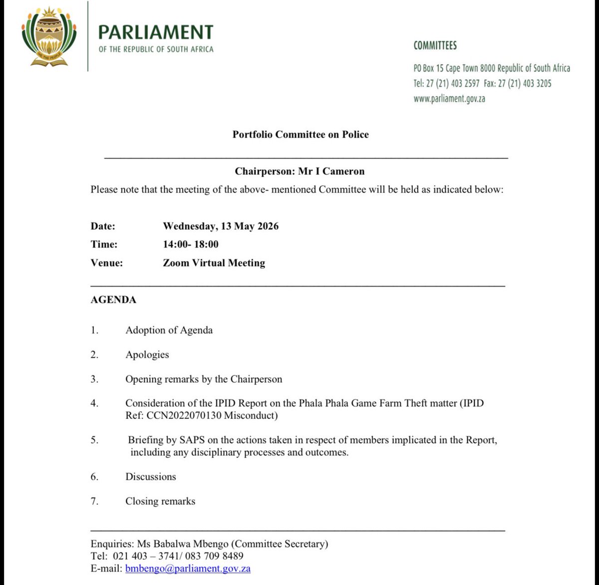 This afternoon IPID will present the Phala Phala report to the PC on Police. 

The report found the Head of the Presidential Protection Unit (PPU), Mr Rhoode illegally investigated the theft of undeclared dollars from the private farm of the President. In the illegal