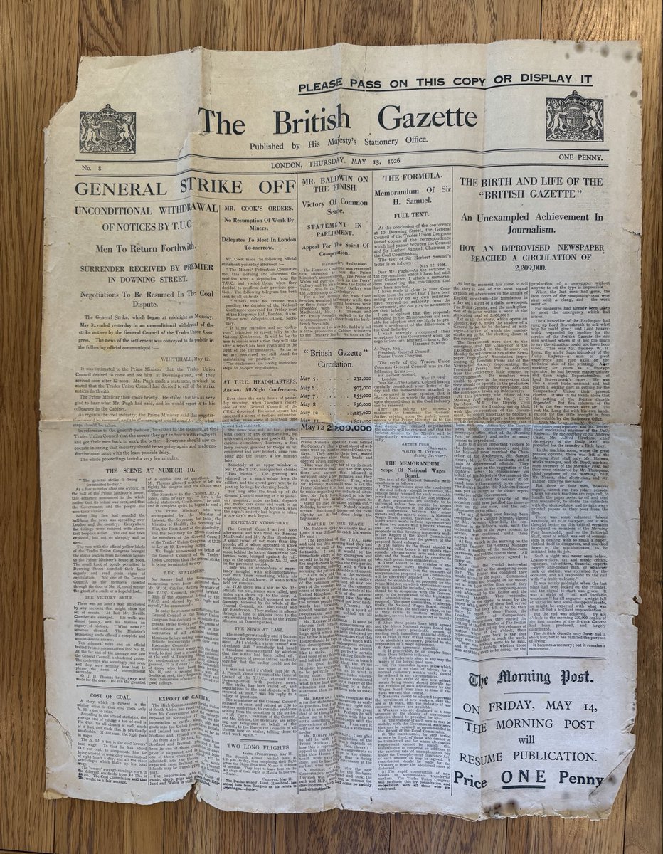 Harry__Taylor__'s tweet photo. 100 years ago today The British Gazette, Churchill’s emergency strike newspaper, announced the collapse of the General Strike. Printed for only 8 days, it became the government’s propaganda weapon in Britain’s greatest industrial crisis. https://t.co/J3ykAhaVx6