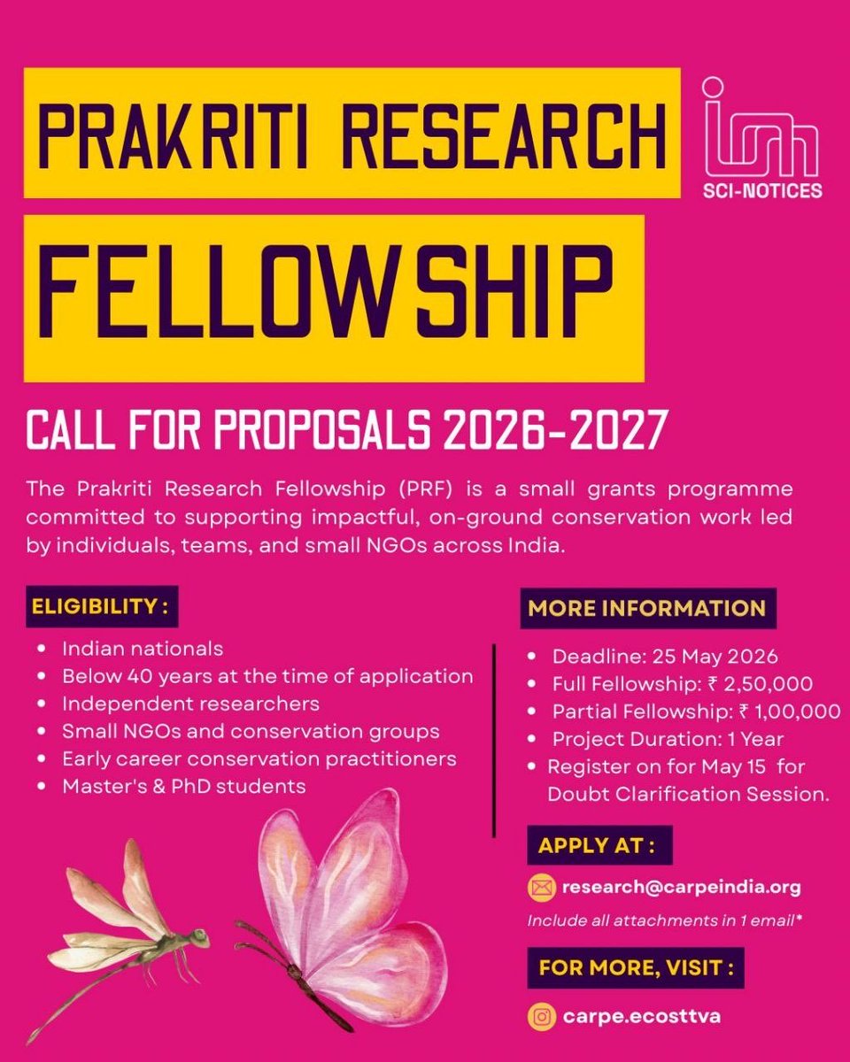 unchartedsci's tweet photo. Are you a conservationist working on urban ecology and conservation of important species. Prakriti Research Fellowship is a must apply !!!!
#sciencenotices #scienceinindia #scienceopportunities

https://t.co/RgczLT3YFM https://t.co/5d7hjAAbNv